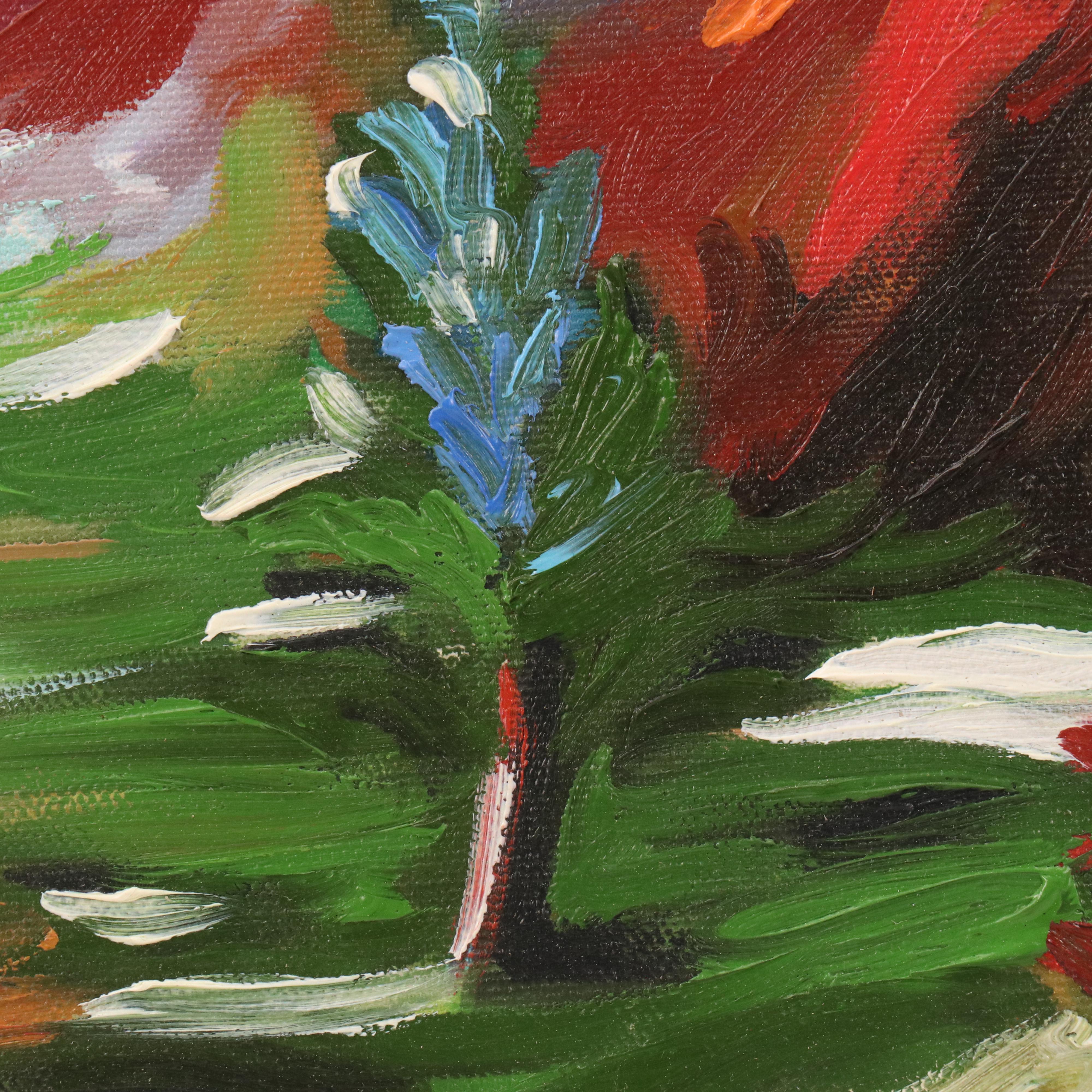 Redina Tili Landscape Acrylic Painting with Fence and Sparse Trees, 21st Century