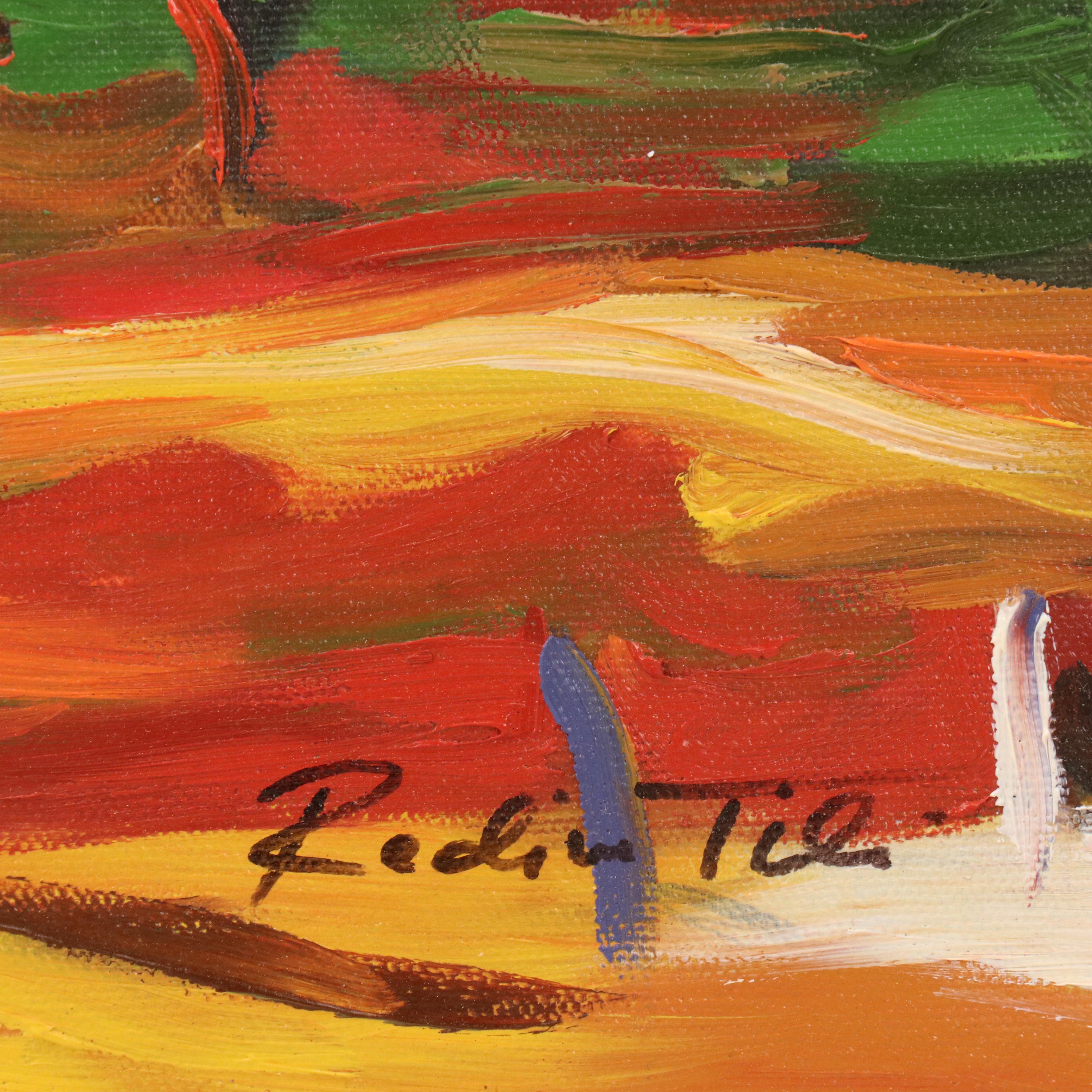 Redina Tili Landscape Acrylic Painting with Fence and Sparse Trees, 21st Century