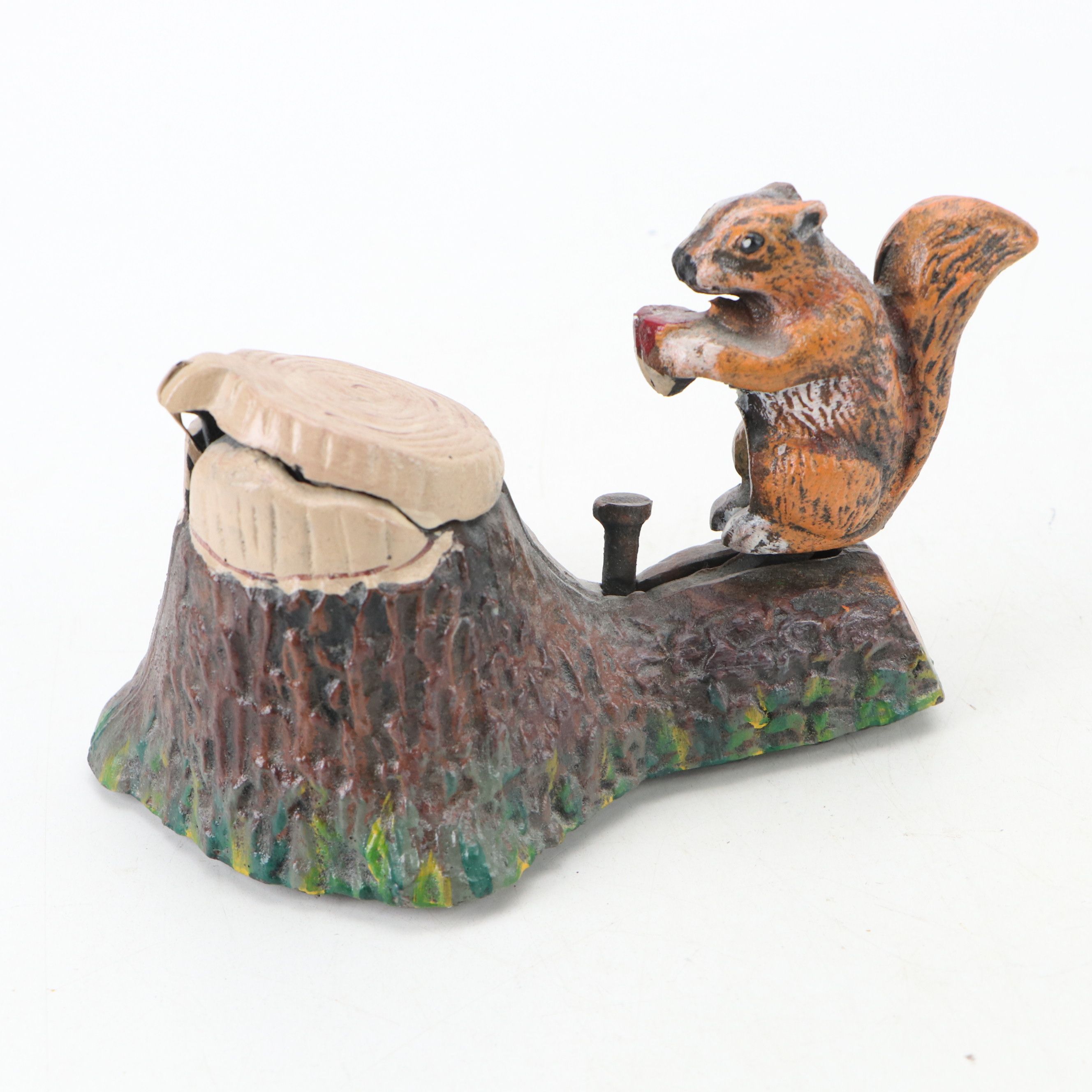Cast Iron Squirrel and Tree Stump Reproduction Mechanical Coin Bank