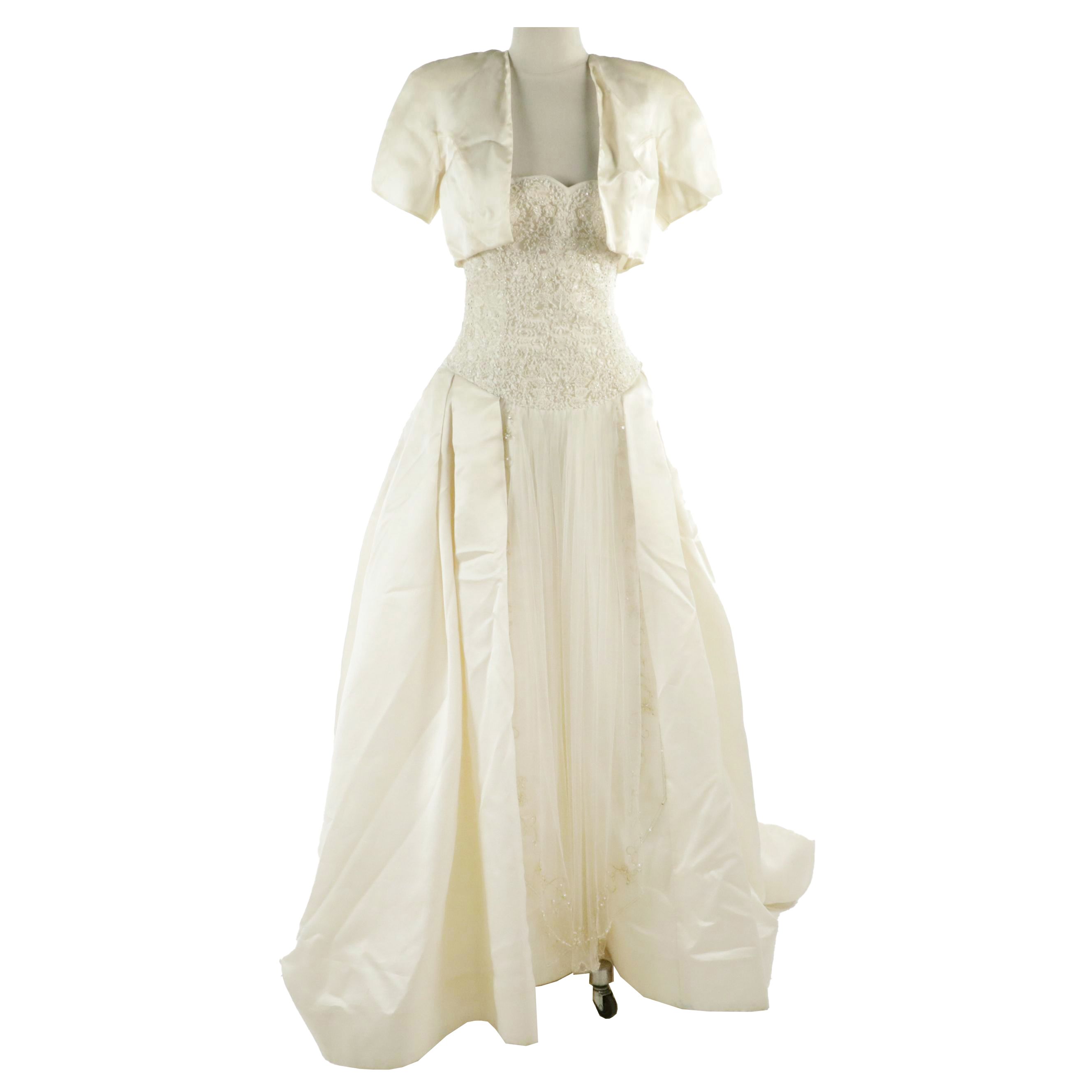 Strapless Crystal/Bead Lace Bodice Cathedral Train Satin Wedding Gown