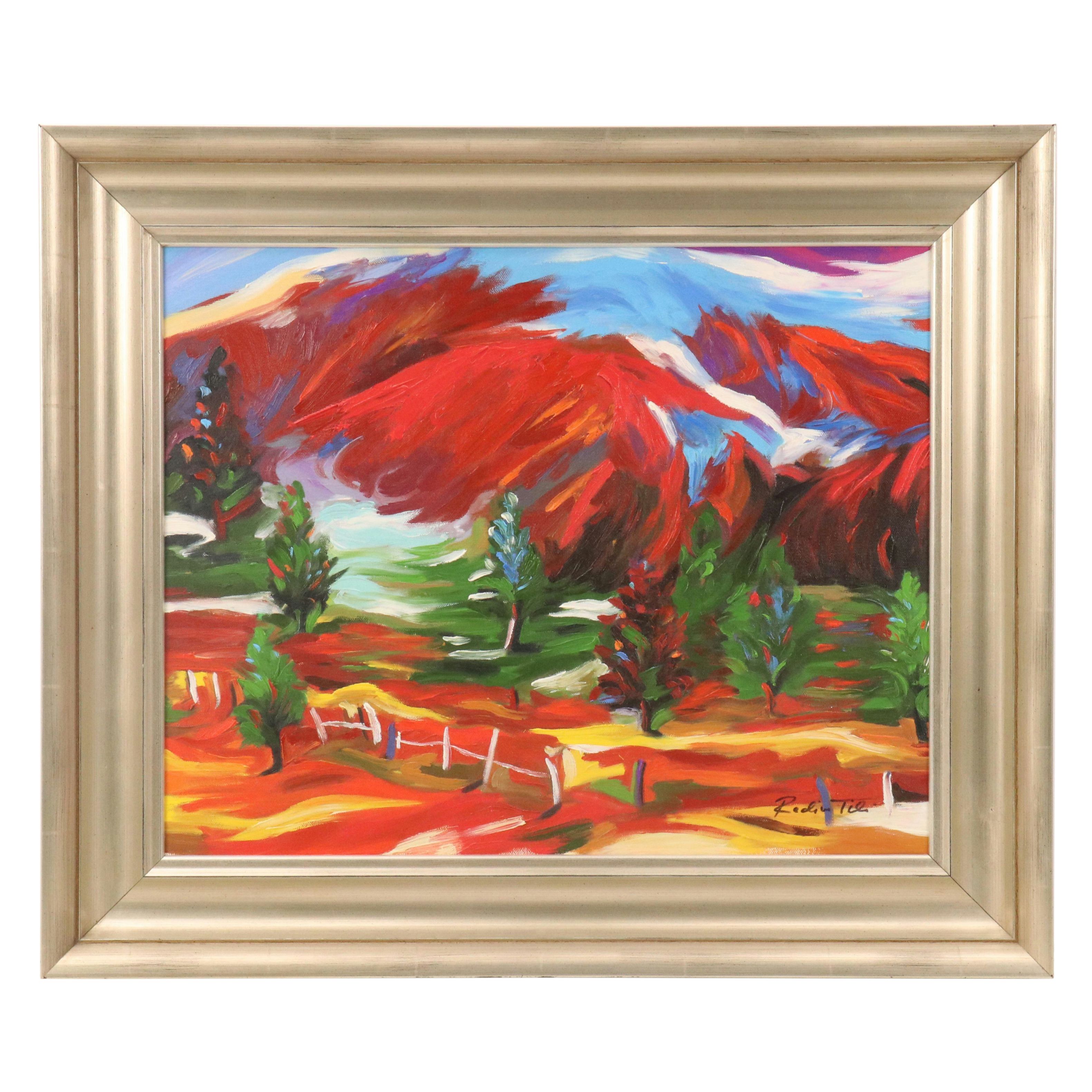 Redina Tili Landscape Acrylic Painting with Fence and Sparse Trees, 21st Century