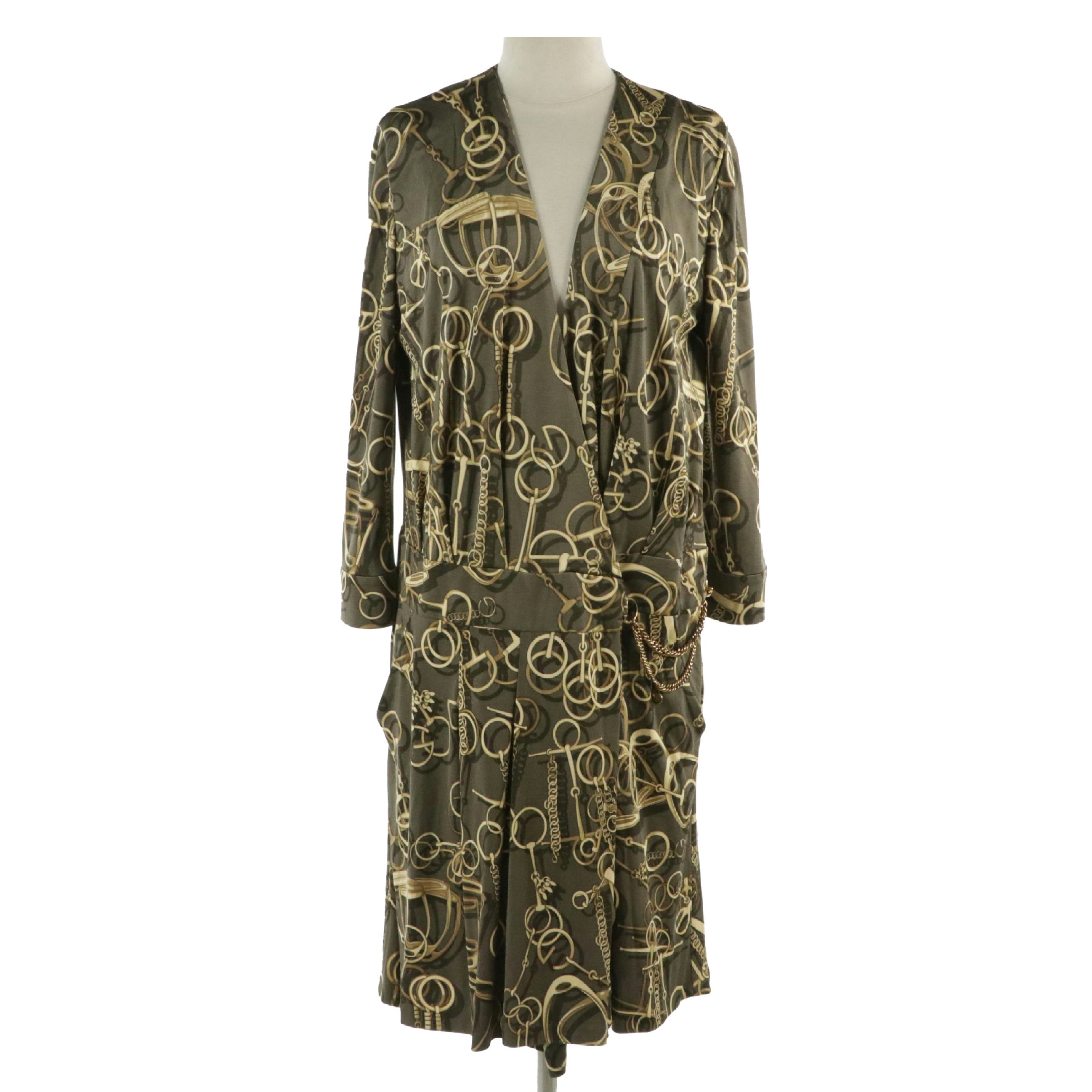 Gucci Horsebit Print Silk Jersey Chain-Link Midi Dress with Plunging Neckline