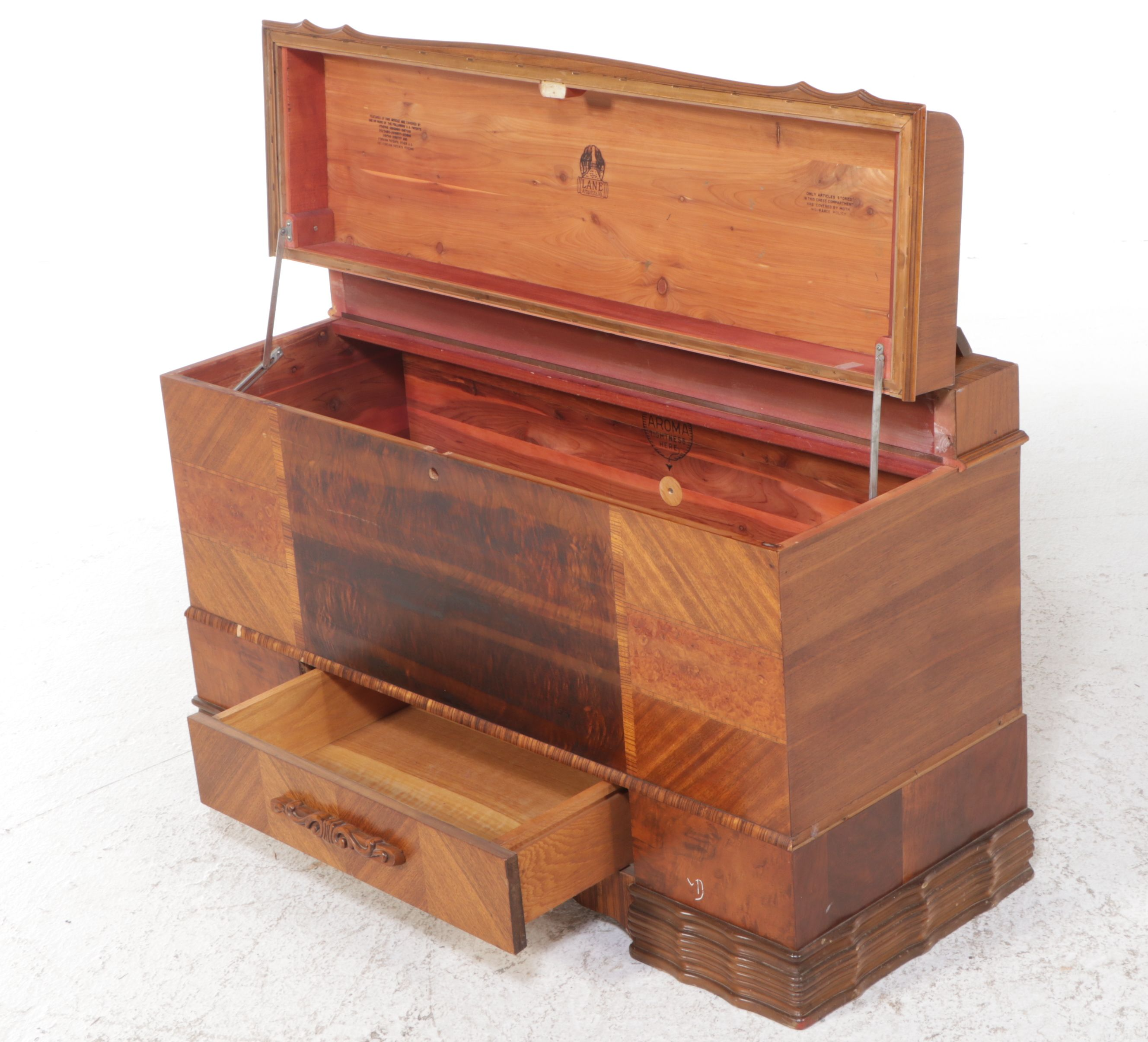 Lane Art Deco Style Burl and Walnut Waterfall Front Cedar Lined Chest