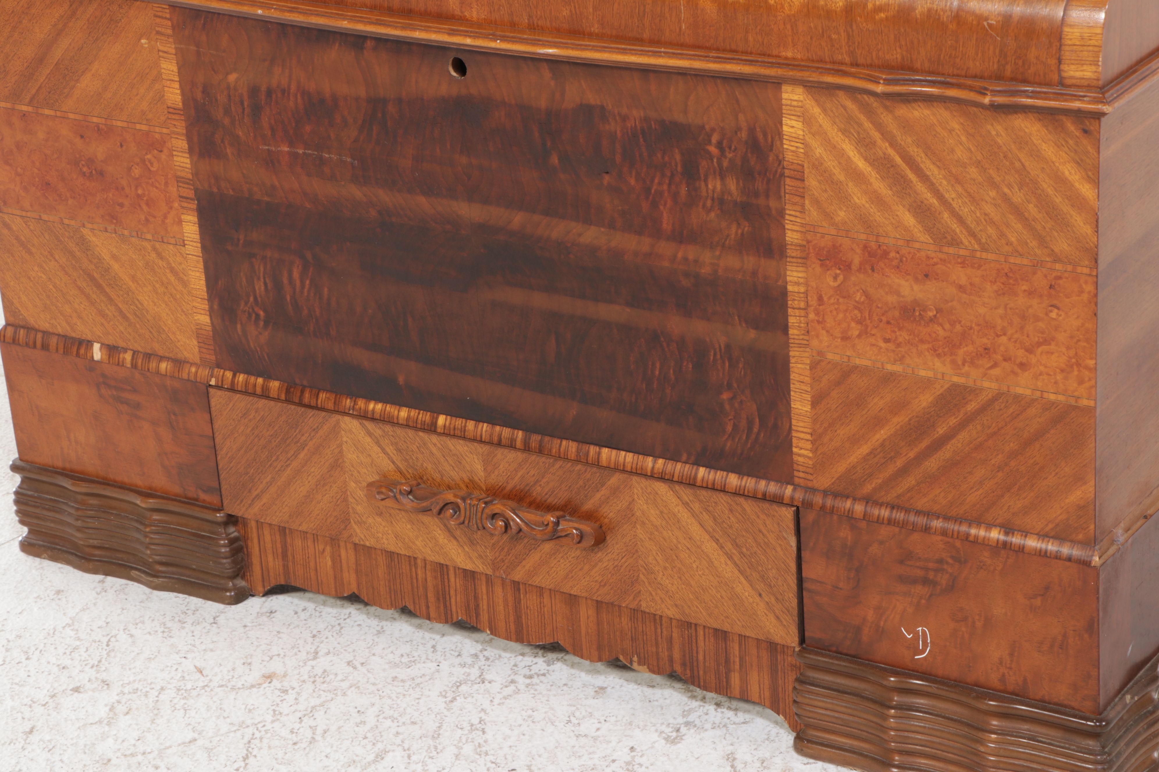 Lane Art Deco Style Burl and Walnut Waterfall Front Cedar Lined Chest