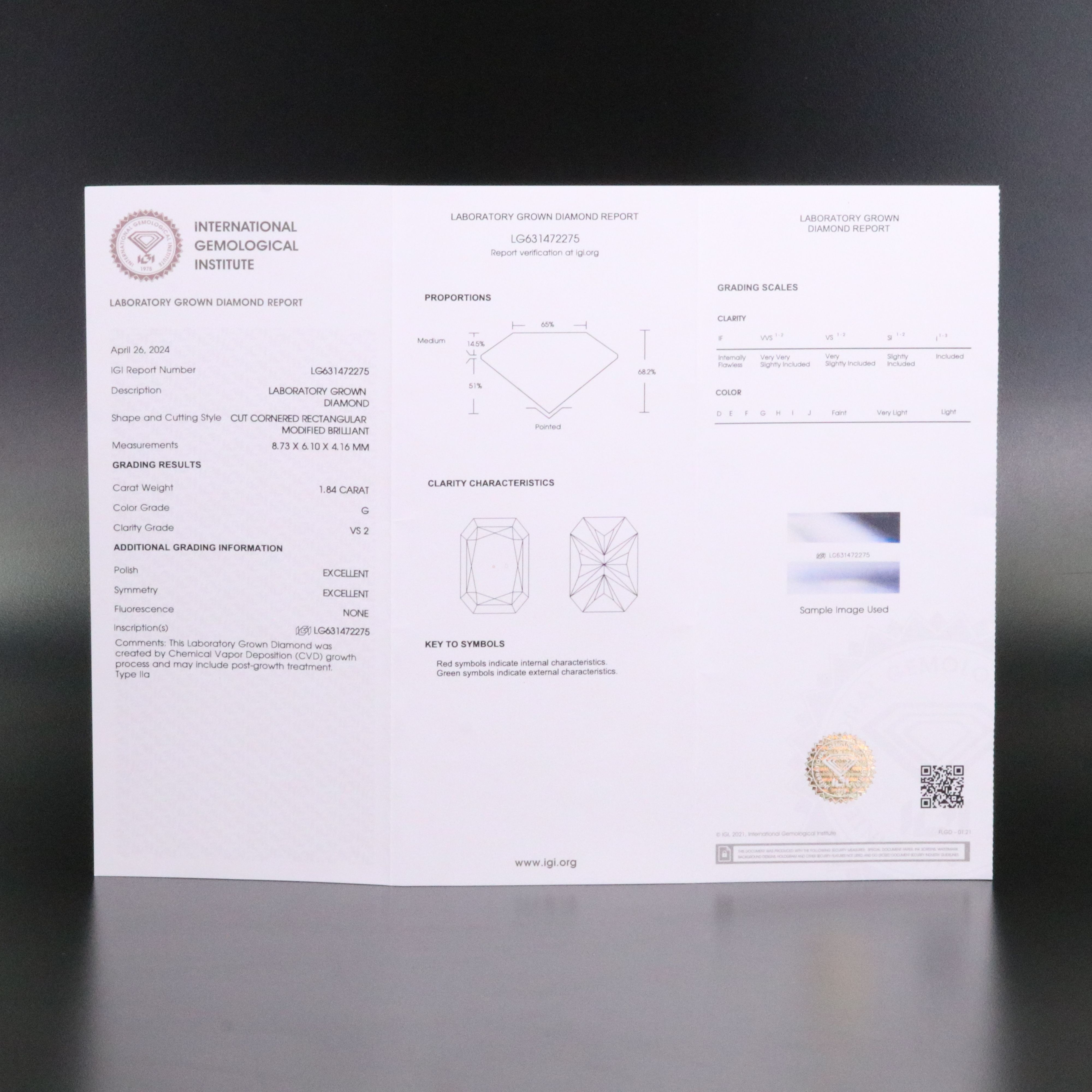 Loose 1.84 CT Lab Grown Diamond with IGI Report