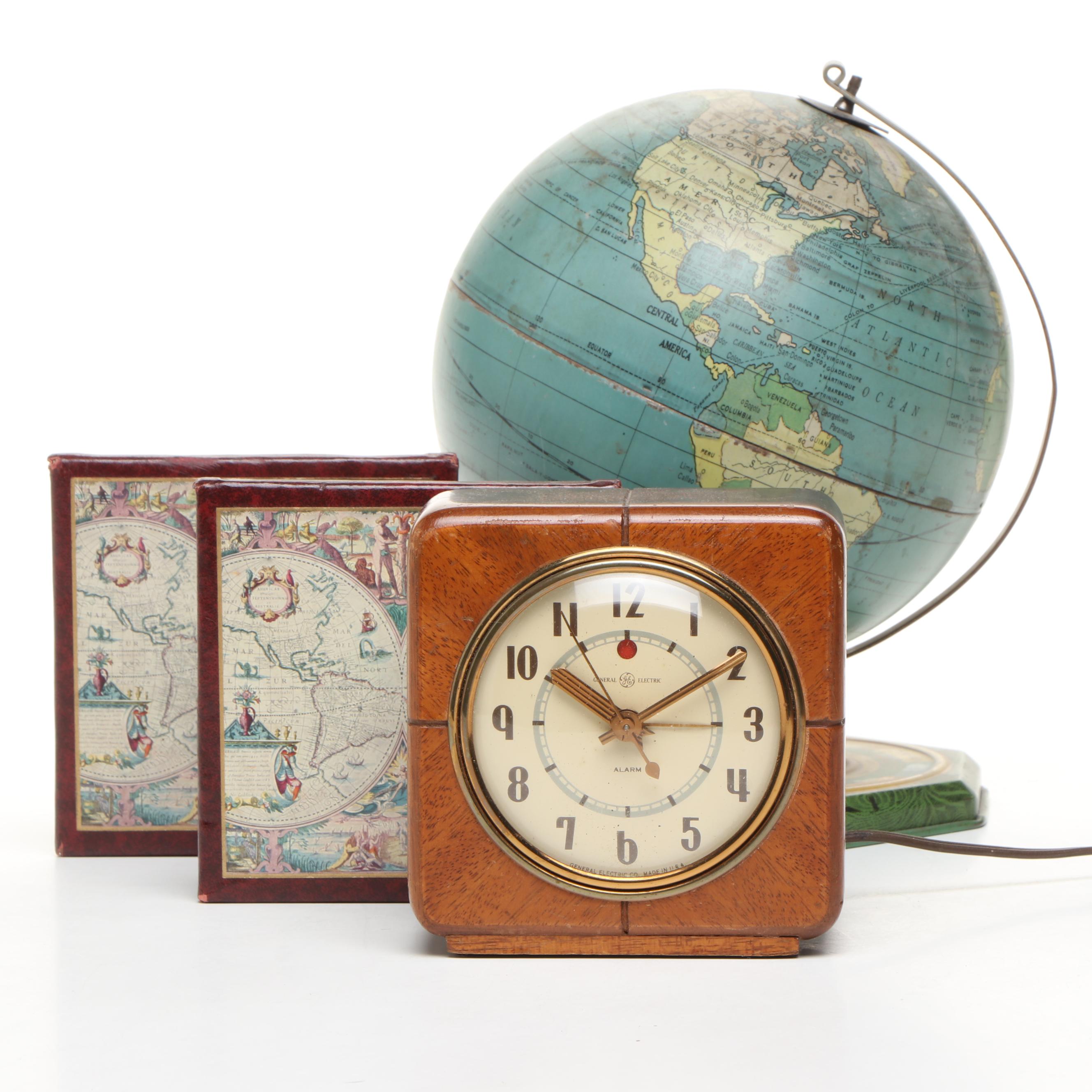J. Chein Zodiac Tin World Globe with General Electric Clock and Bookends