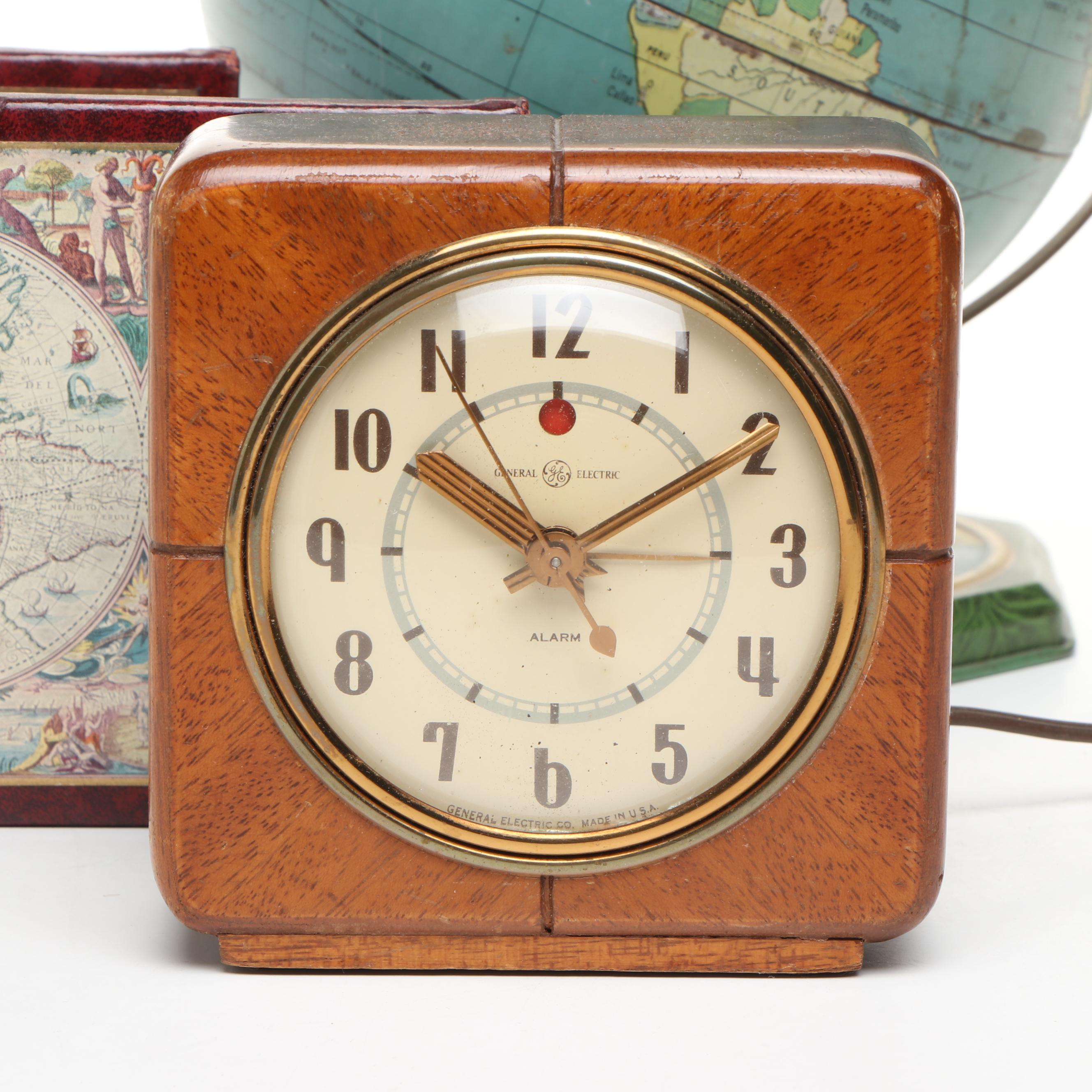J. Chein Zodiac Tin World Globe with General Electric Clock and Bookends