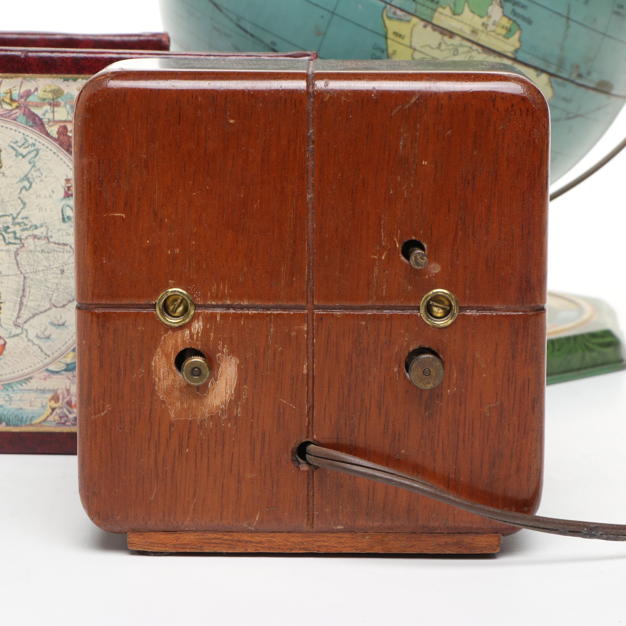 J. Chein Zodiac Tin World Globe with General Electric Clock and Bookends