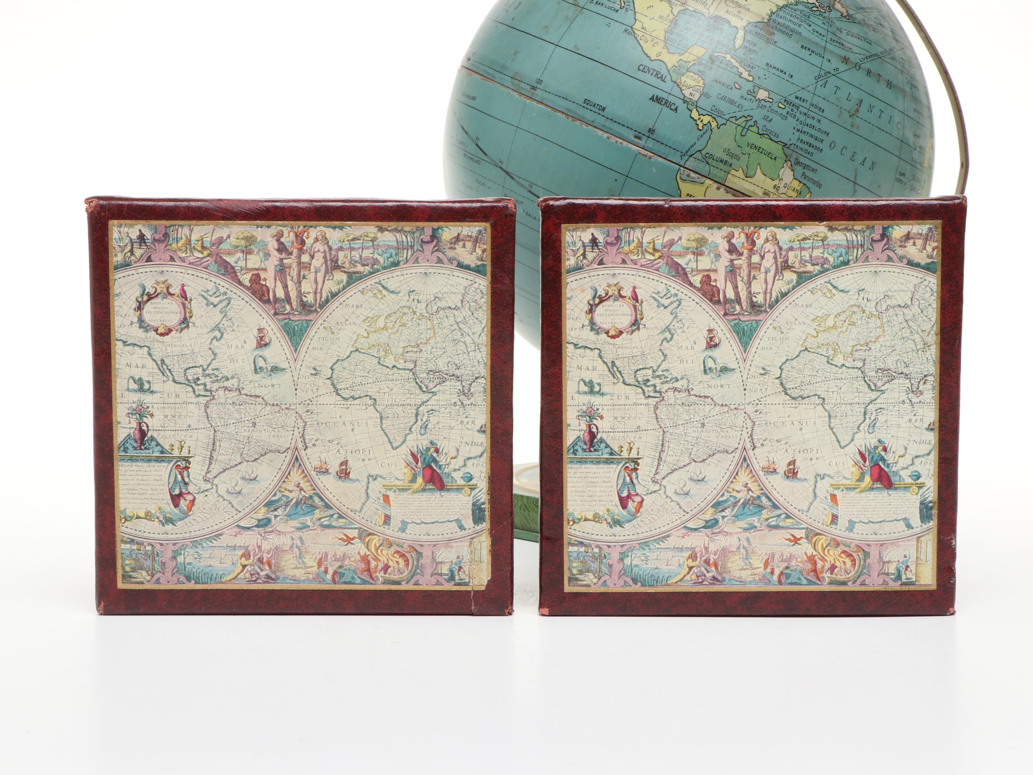 J. Chein Zodiac Tin World Globe with General Electric Clock and Bookends