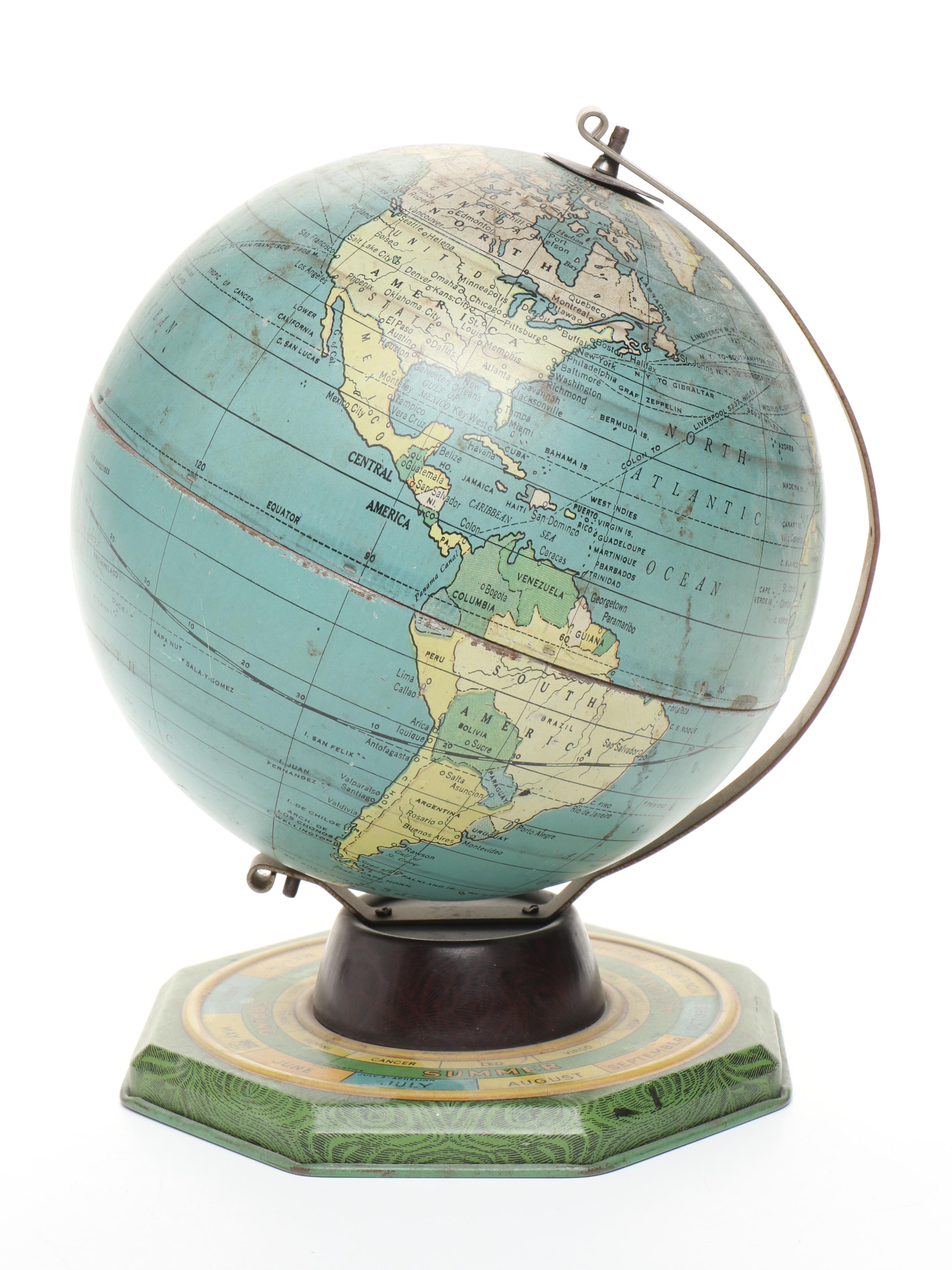 J. Chein Zodiac Tin World Globe with General Electric Clock and Bookends