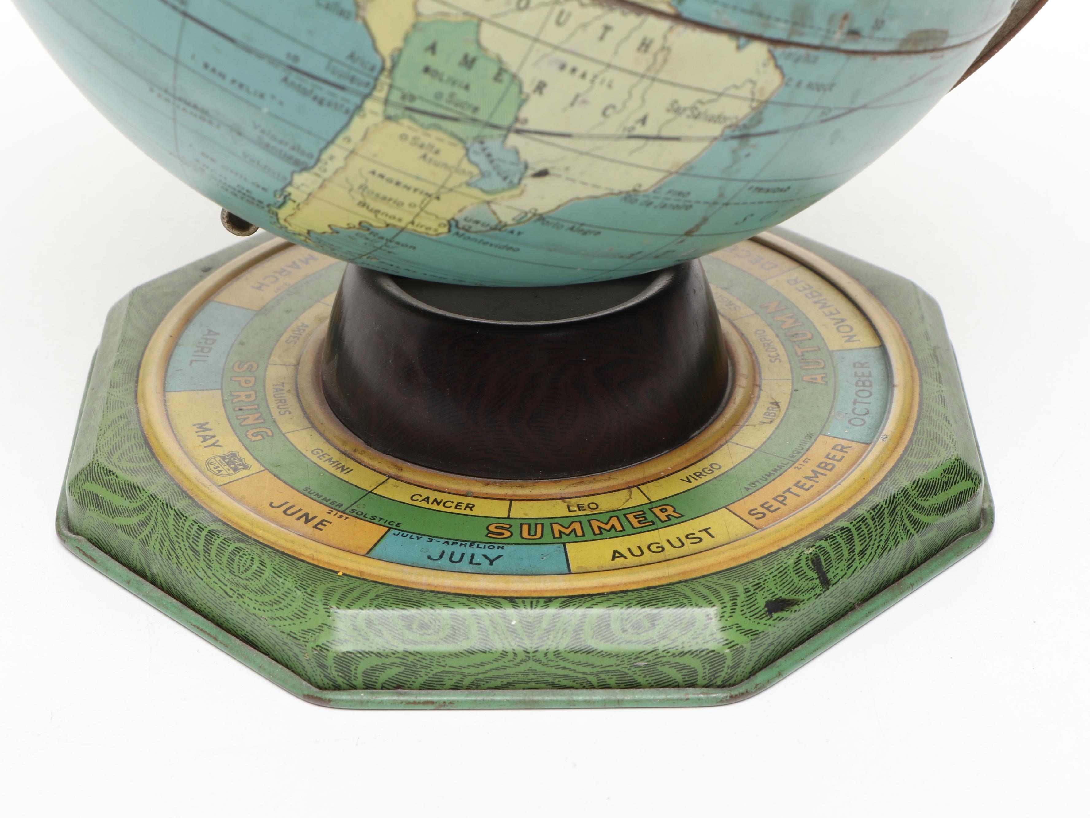 J. Chein Zodiac Tin World Globe with General Electric Clock and Bookends