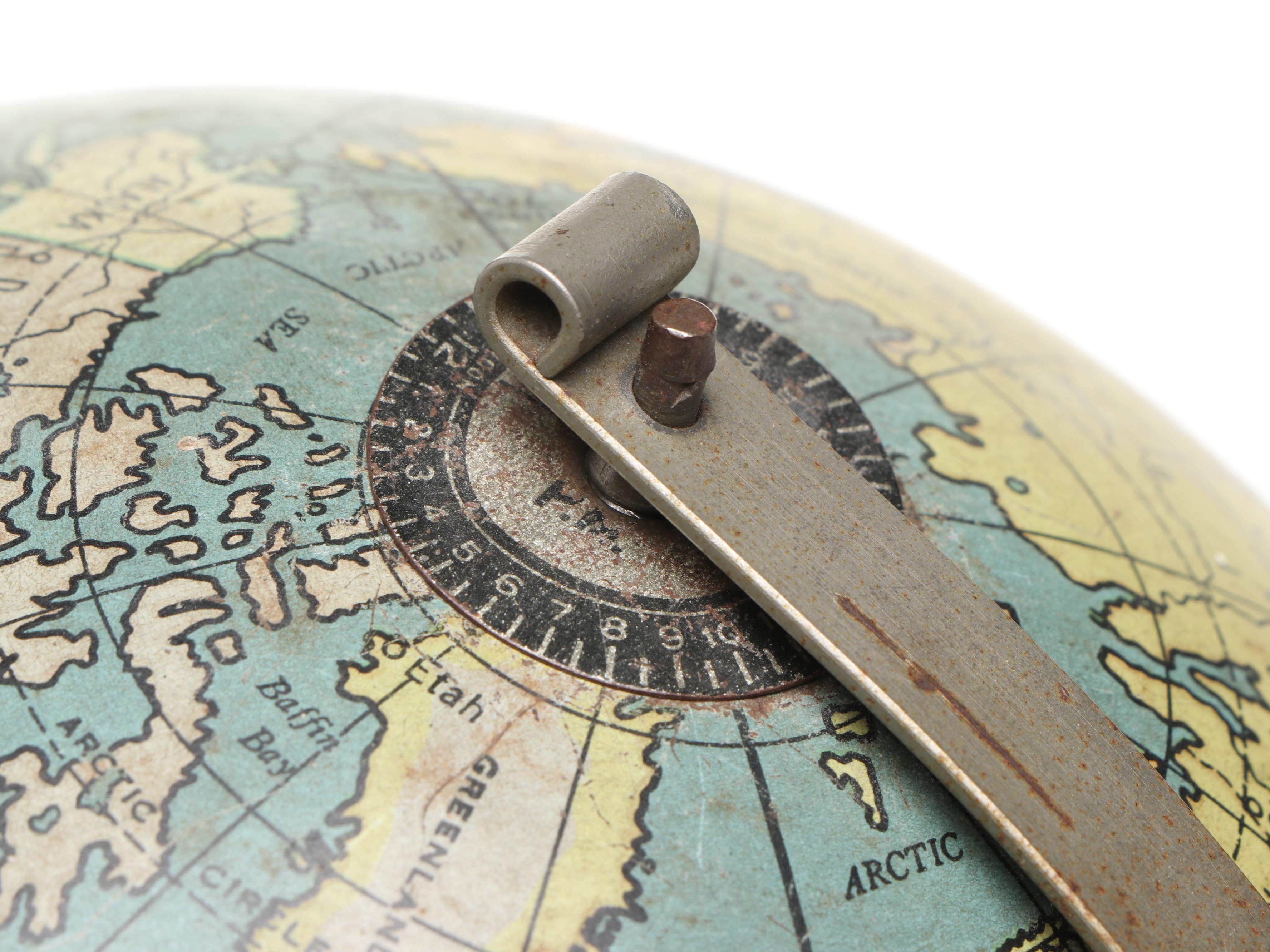 J. Chein Zodiac Tin World Globe with General Electric Clock and Bookends