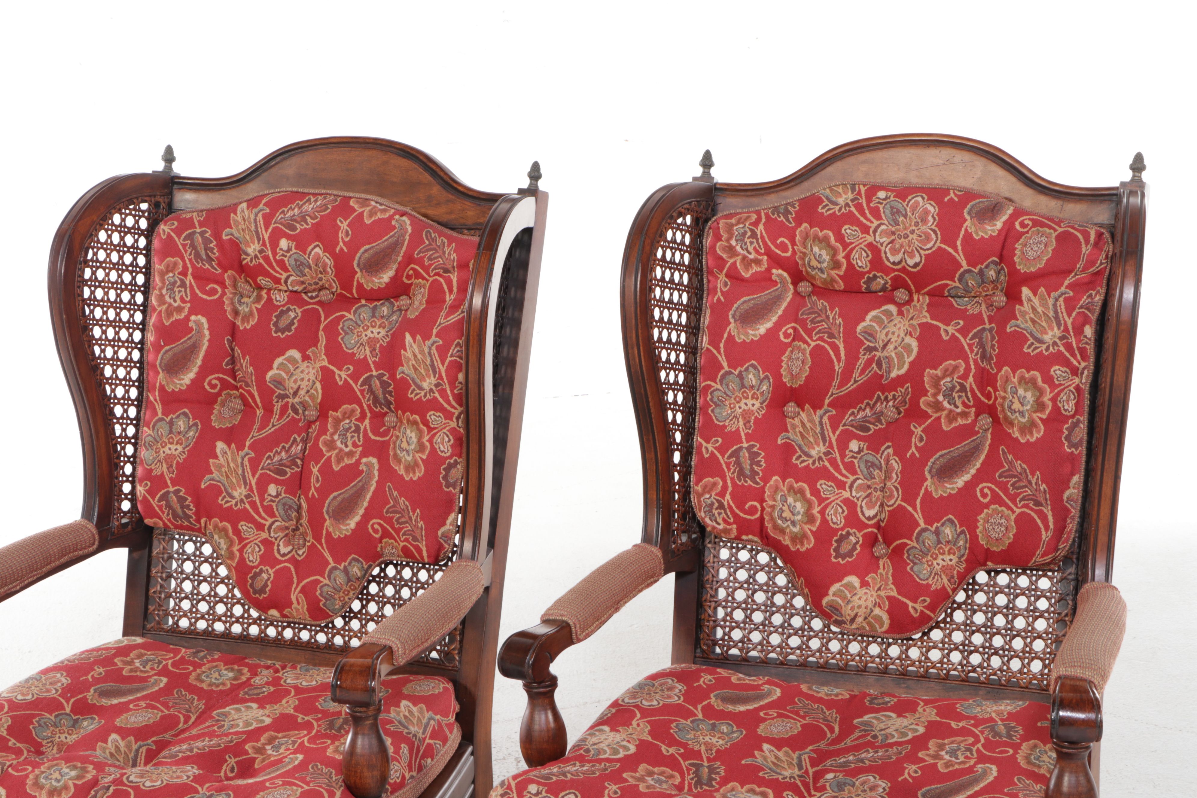 Pair of Queen Anne Style Paisley-Upholstered Caned Walnut Wingback Chairs