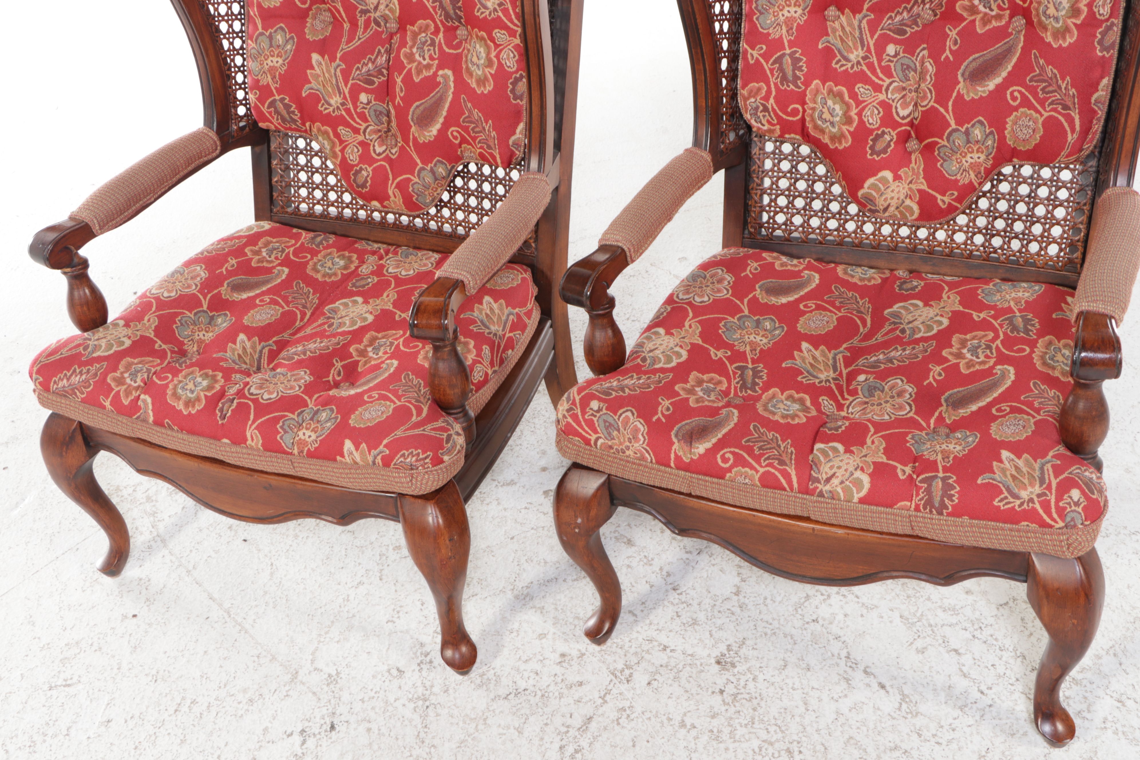 Pair of Queen Anne Style Paisley-Upholstered Caned Walnut Wingback Chairs