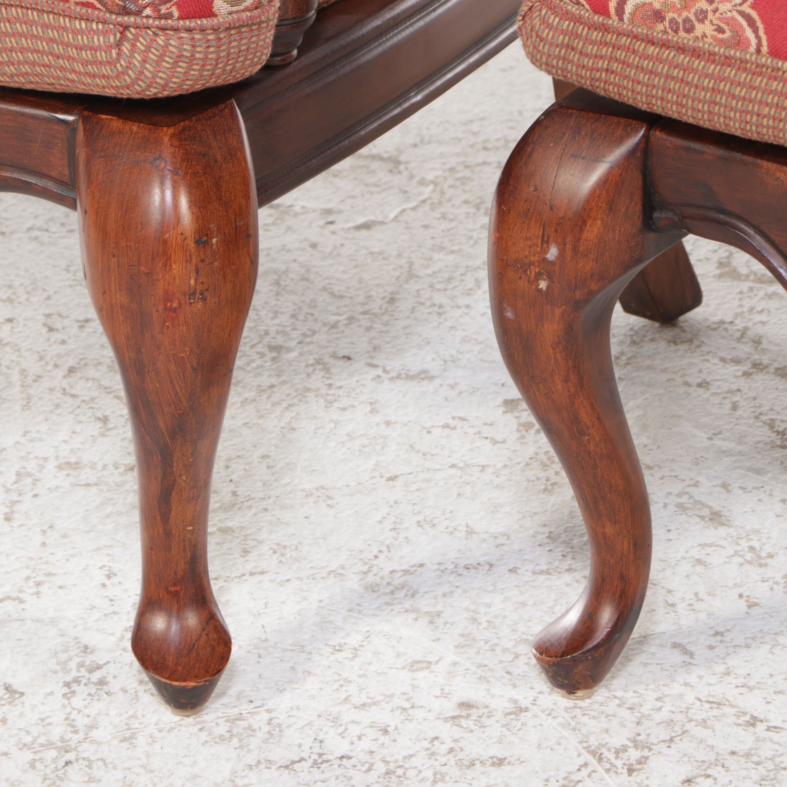 Pair of Queen Anne Style Paisley-Upholstered Caned Walnut Wingback Chairs