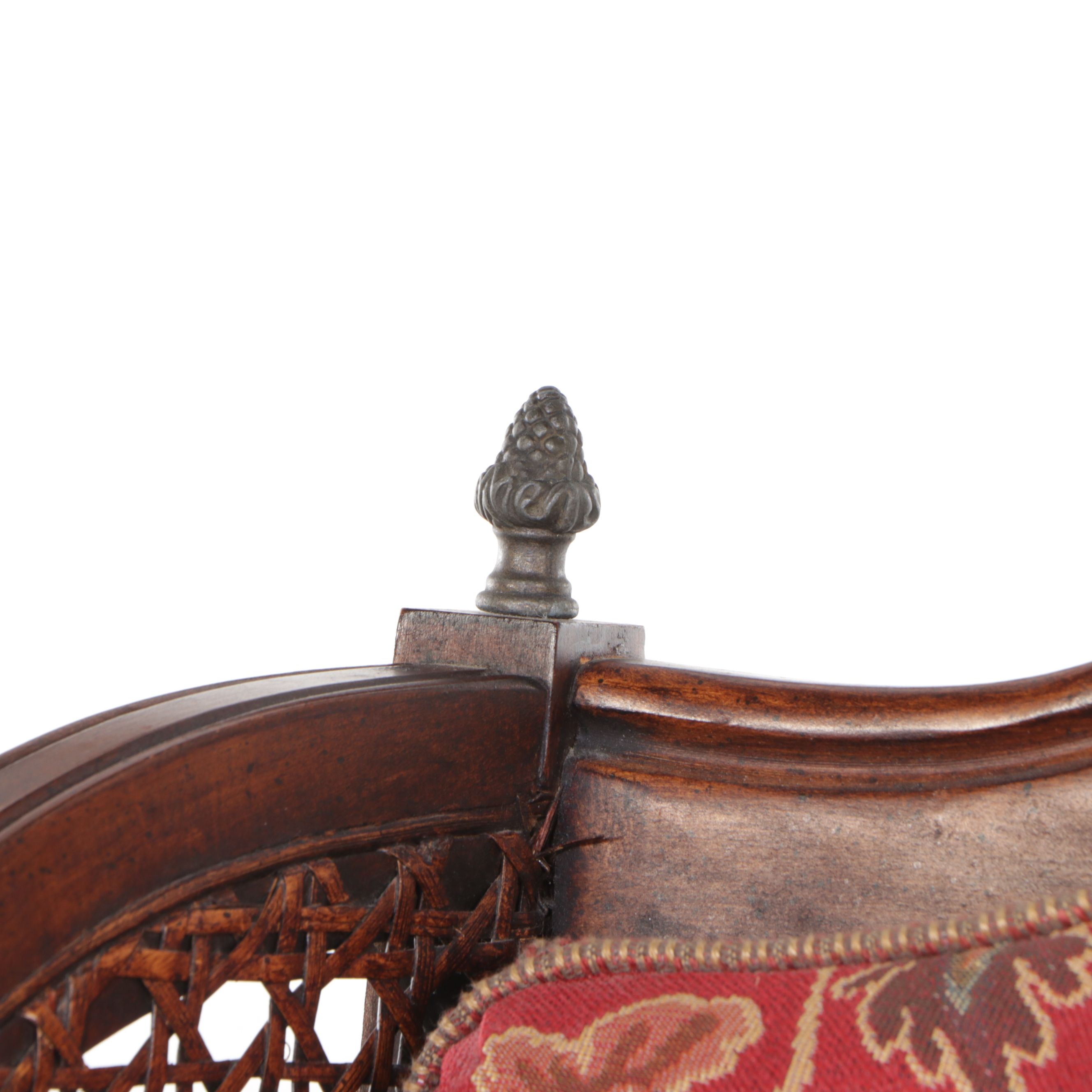 Pair of Queen Anne Style Paisley-Upholstered Caned Walnut Wingback Chairs