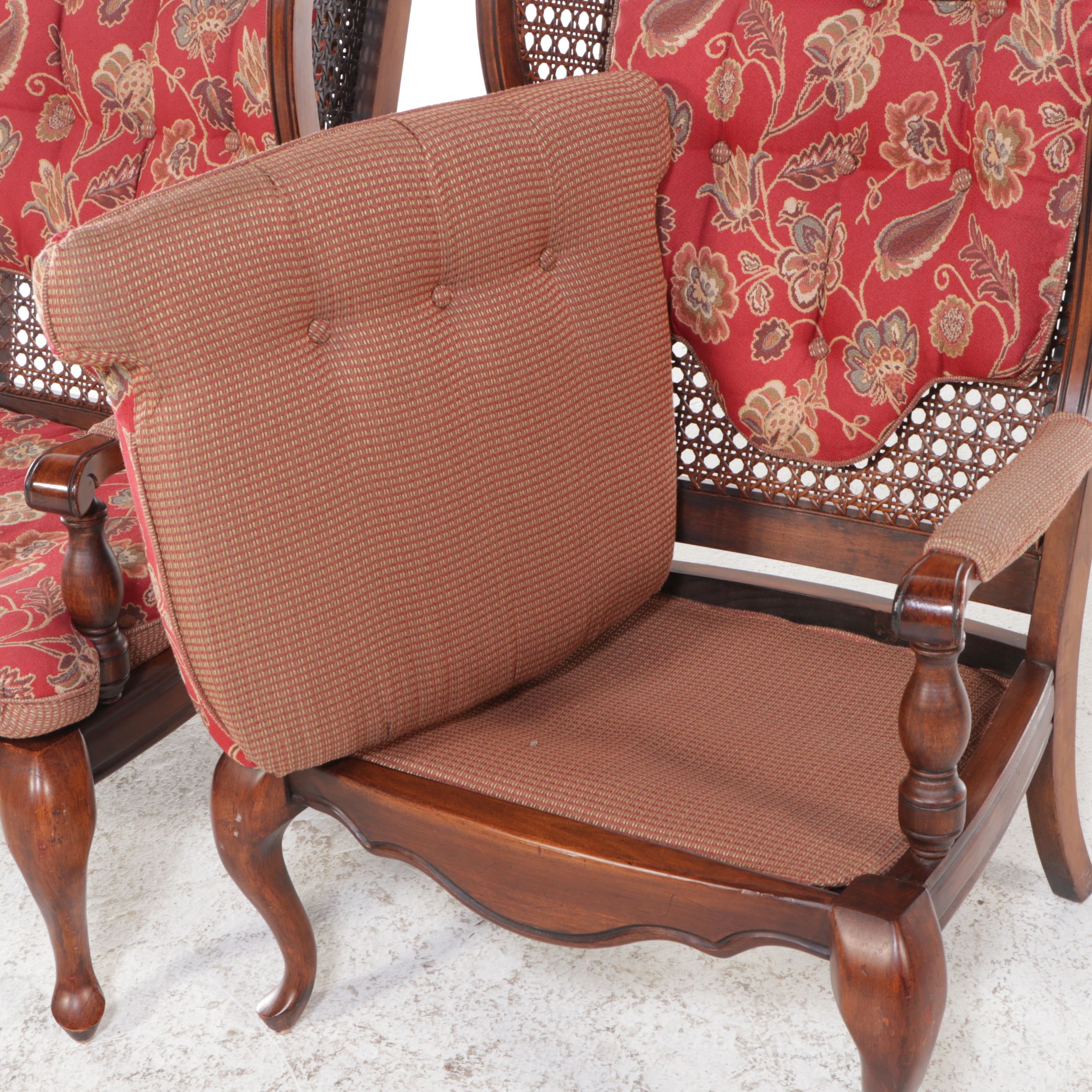 Pair of Queen Anne Style Paisley-Upholstered Caned Walnut Wingback Chairs