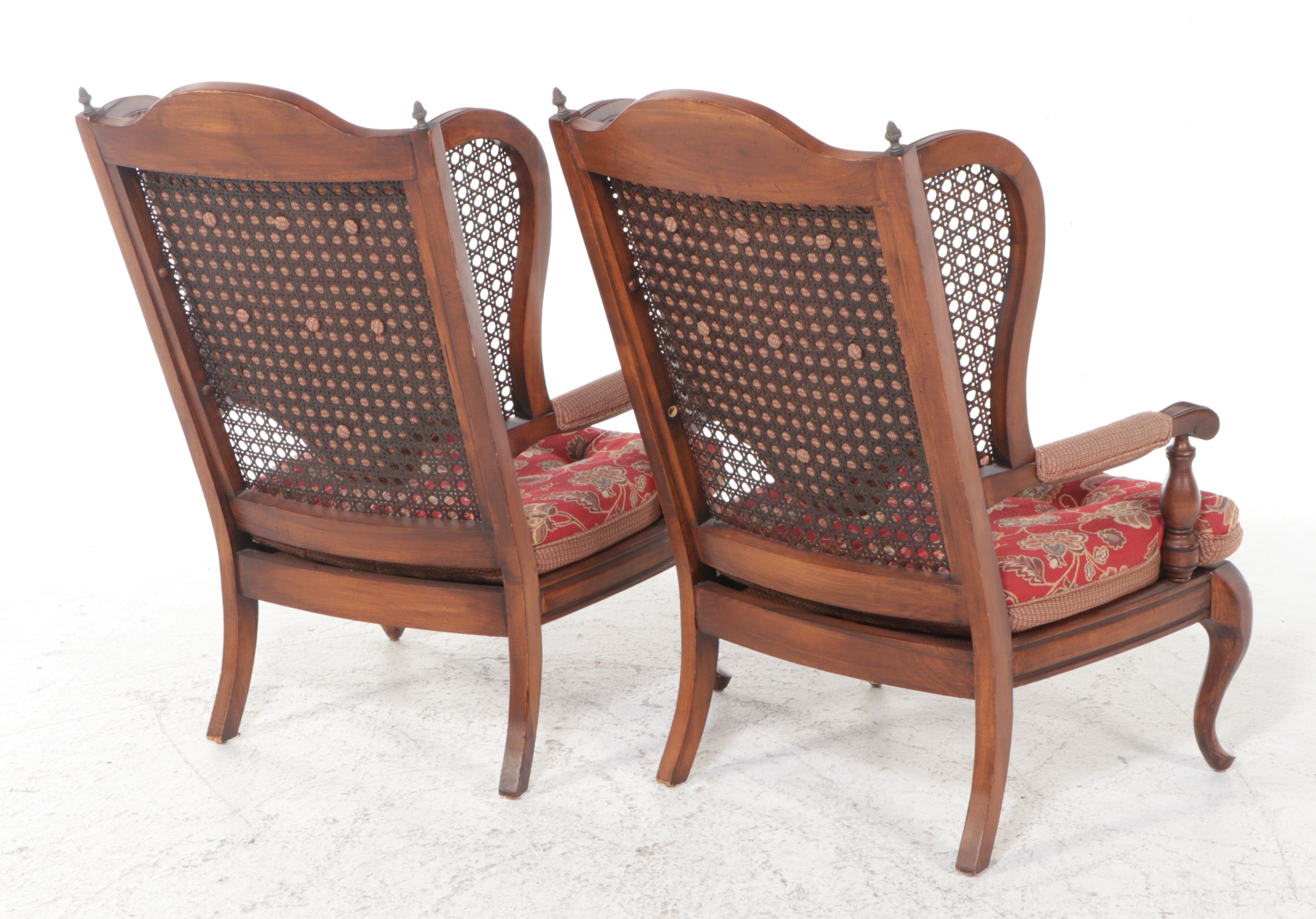 Pair of Queen Anne Style Paisley-Upholstered Caned Walnut Wingback Chairs