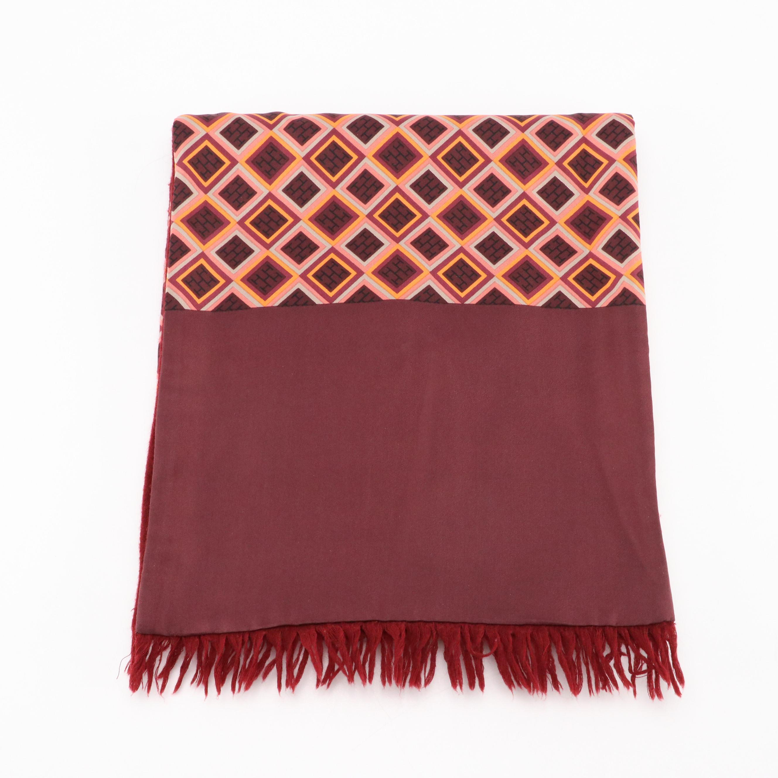 Hermès Double-Sided Pattern Silk and Burgundy Wool Fringe Scarf
