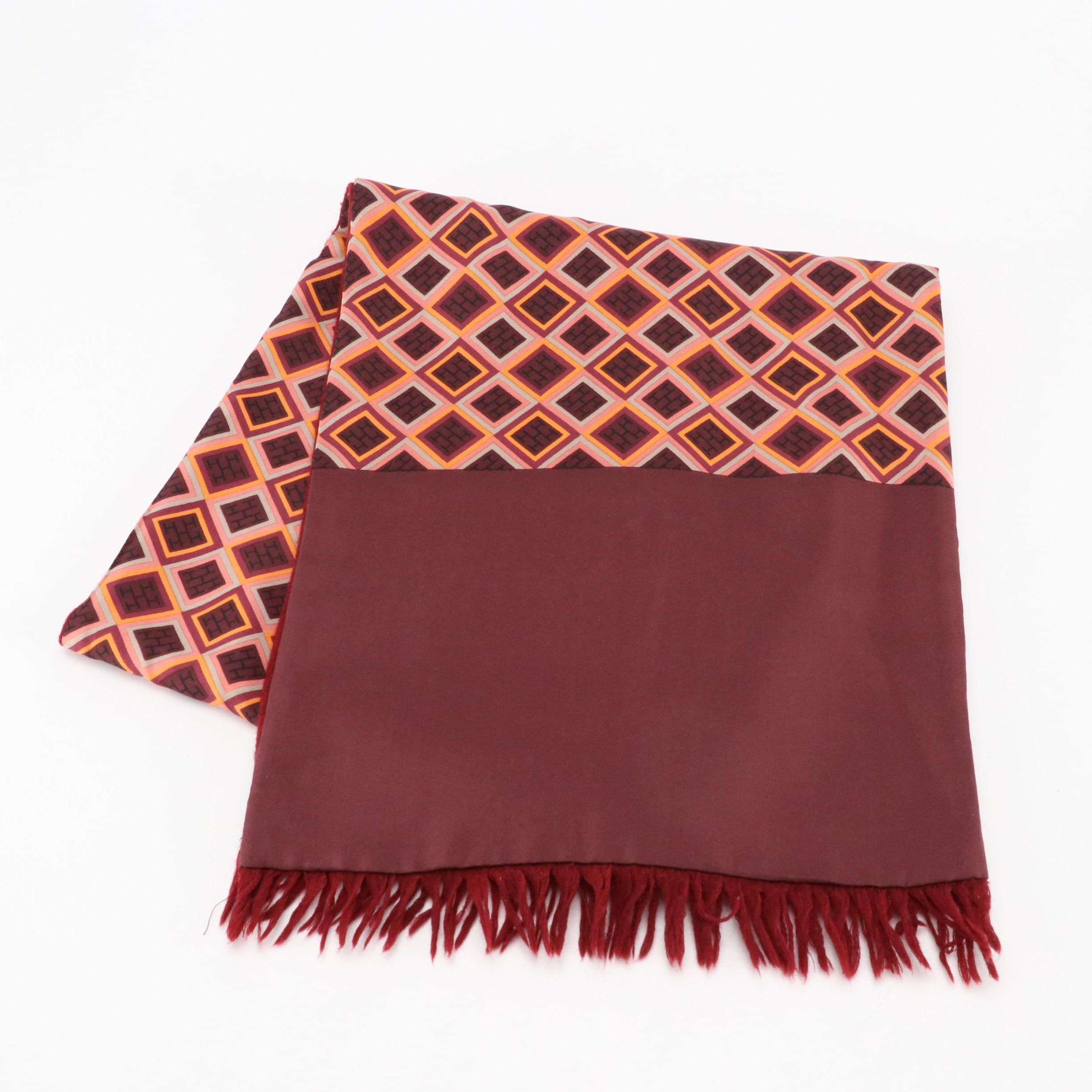 Hermès Double-Sided Pattern Silk and Burgundy Wool Fringe Scarf