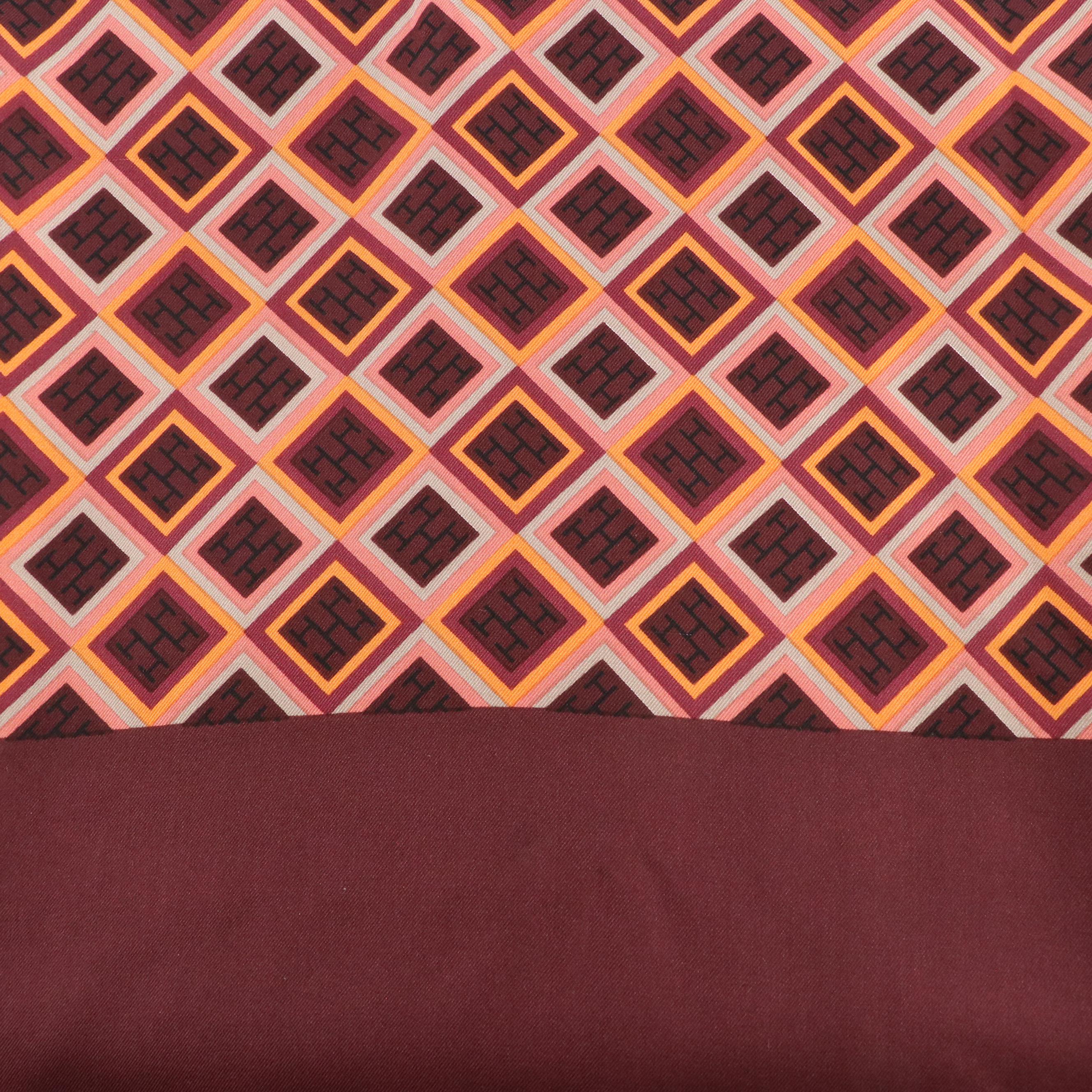 Hermès Double-Sided Pattern Silk and Burgundy Wool Fringe Scarf