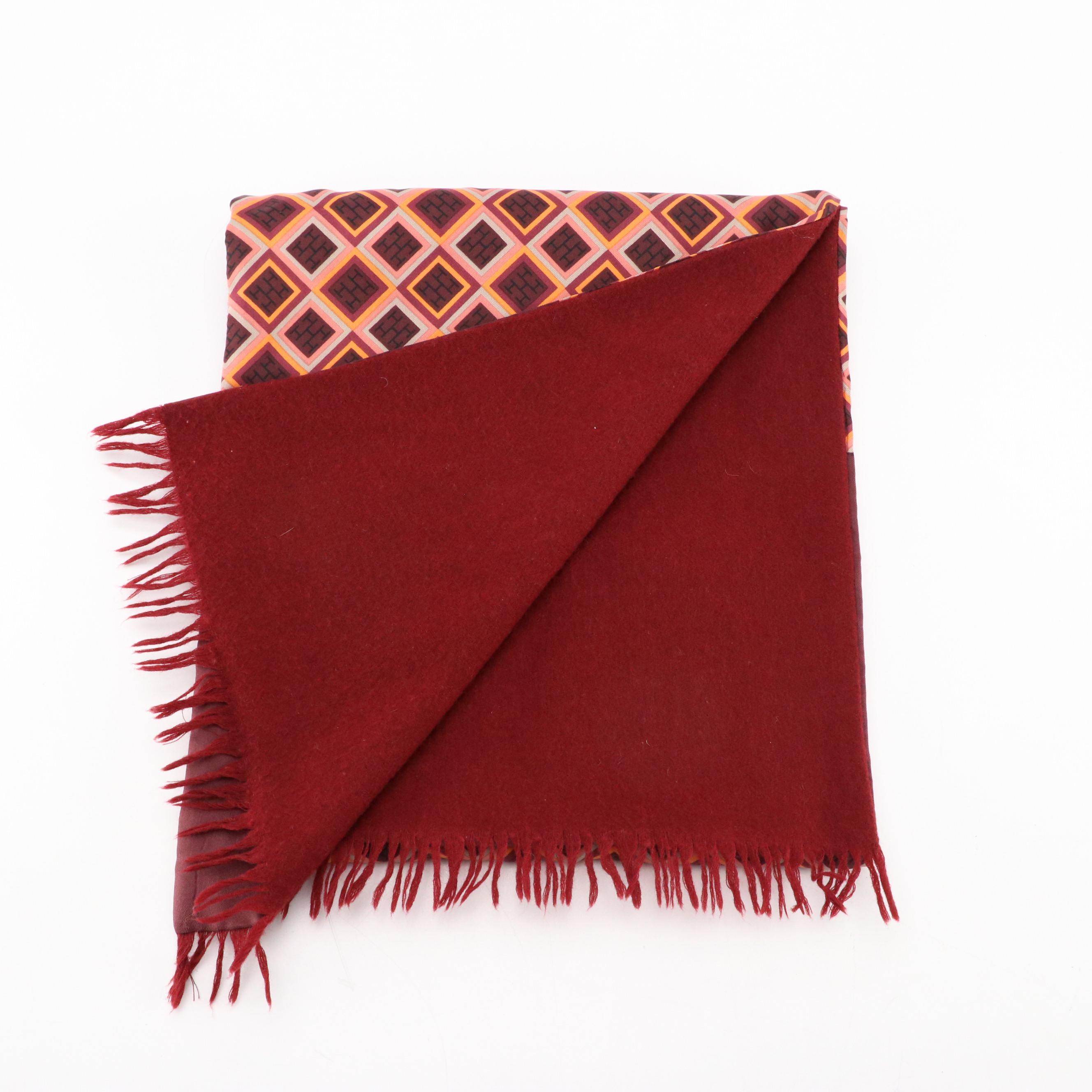 Hermès Double-Sided Pattern Silk and Burgundy Wool Fringe Scarf