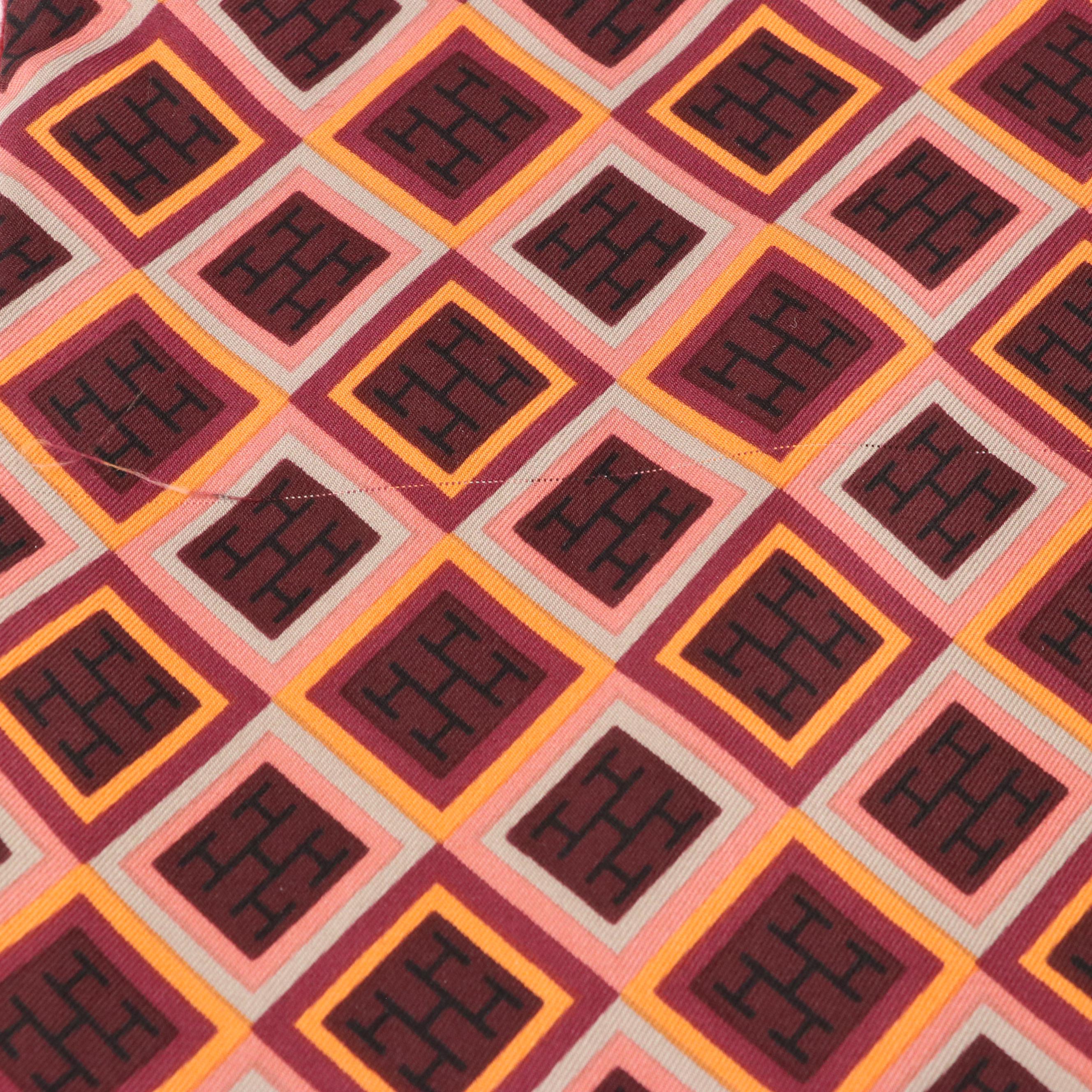 Hermès Double-Sided Pattern Silk and Burgundy Wool Fringe Scarf