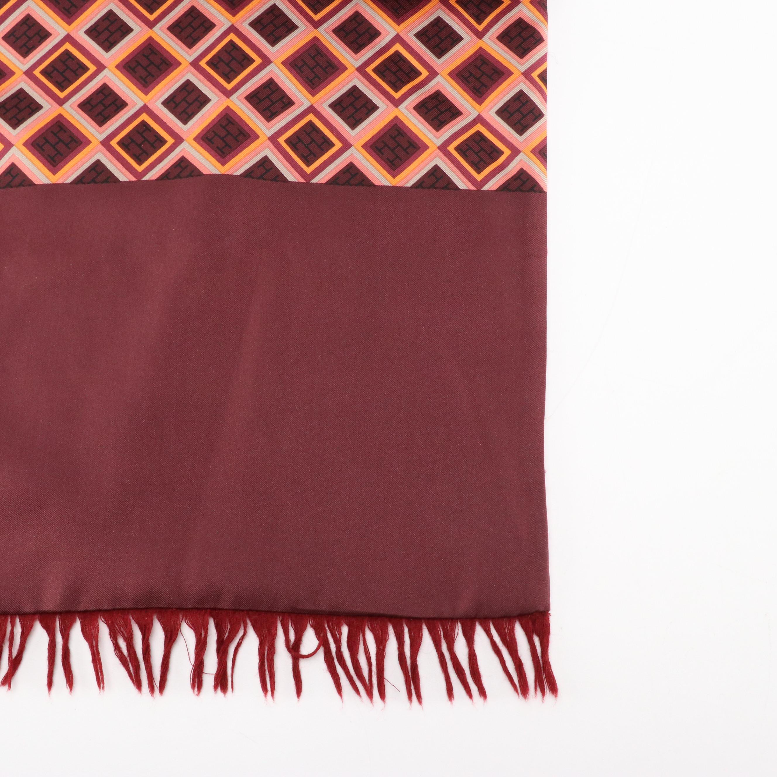 Hermès Double-Sided Pattern Silk and Burgundy Wool Fringe Scarf