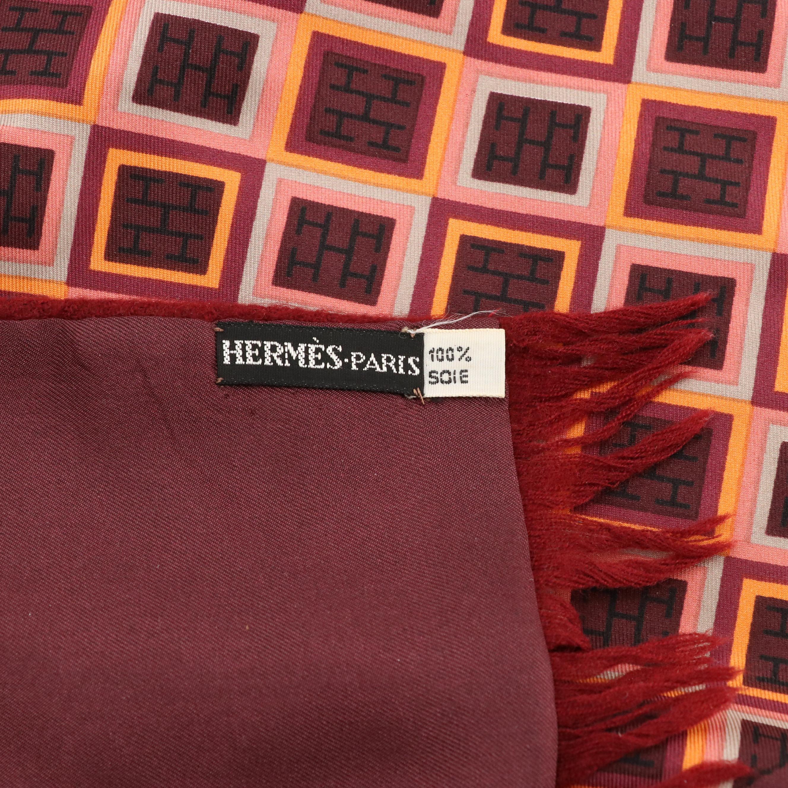 Hermès Double-Sided Pattern Silk and Burgundy Wool Fringe Scarf