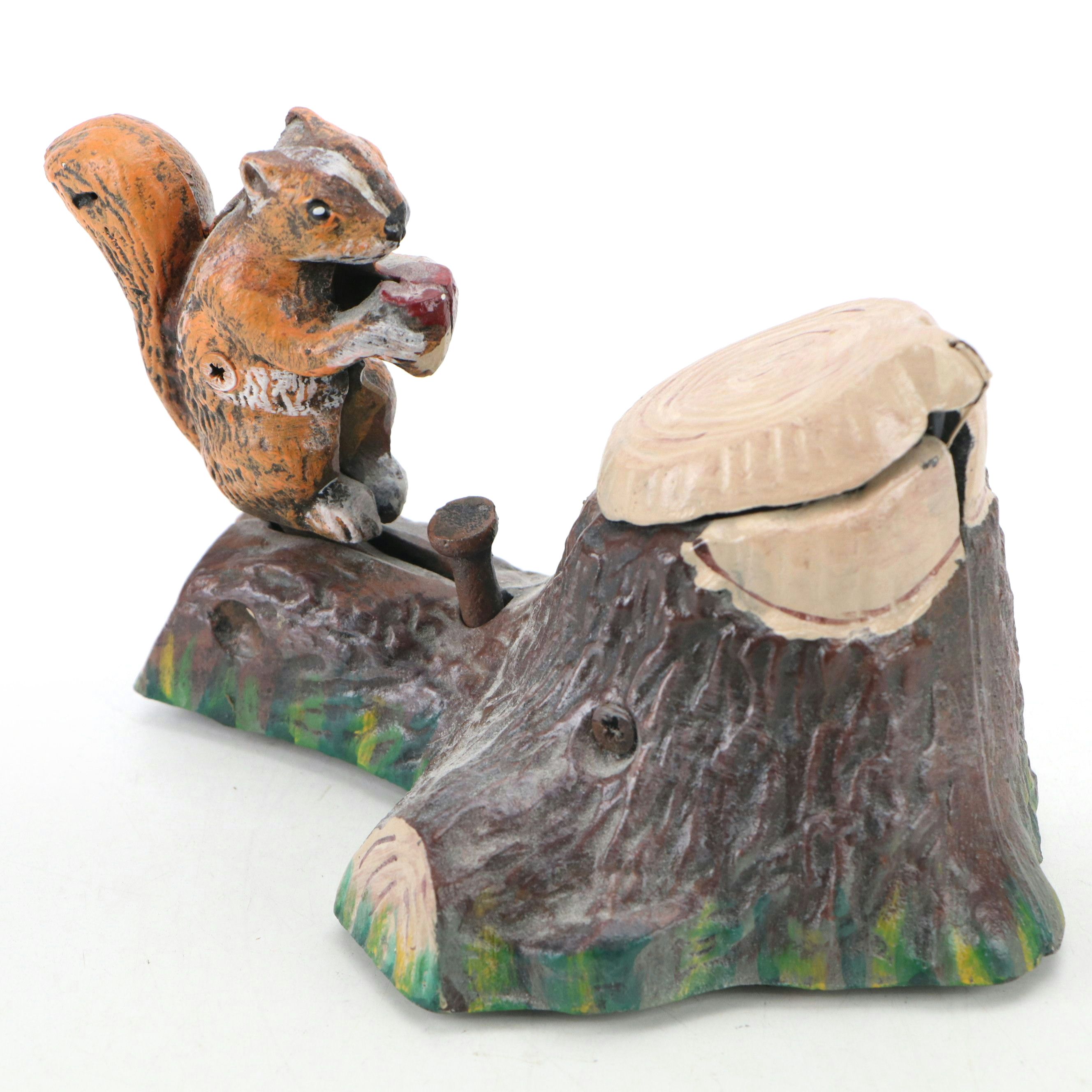 Cast Iron Squirrel and Tree Stump Reproduction Mechanical Coin Bank