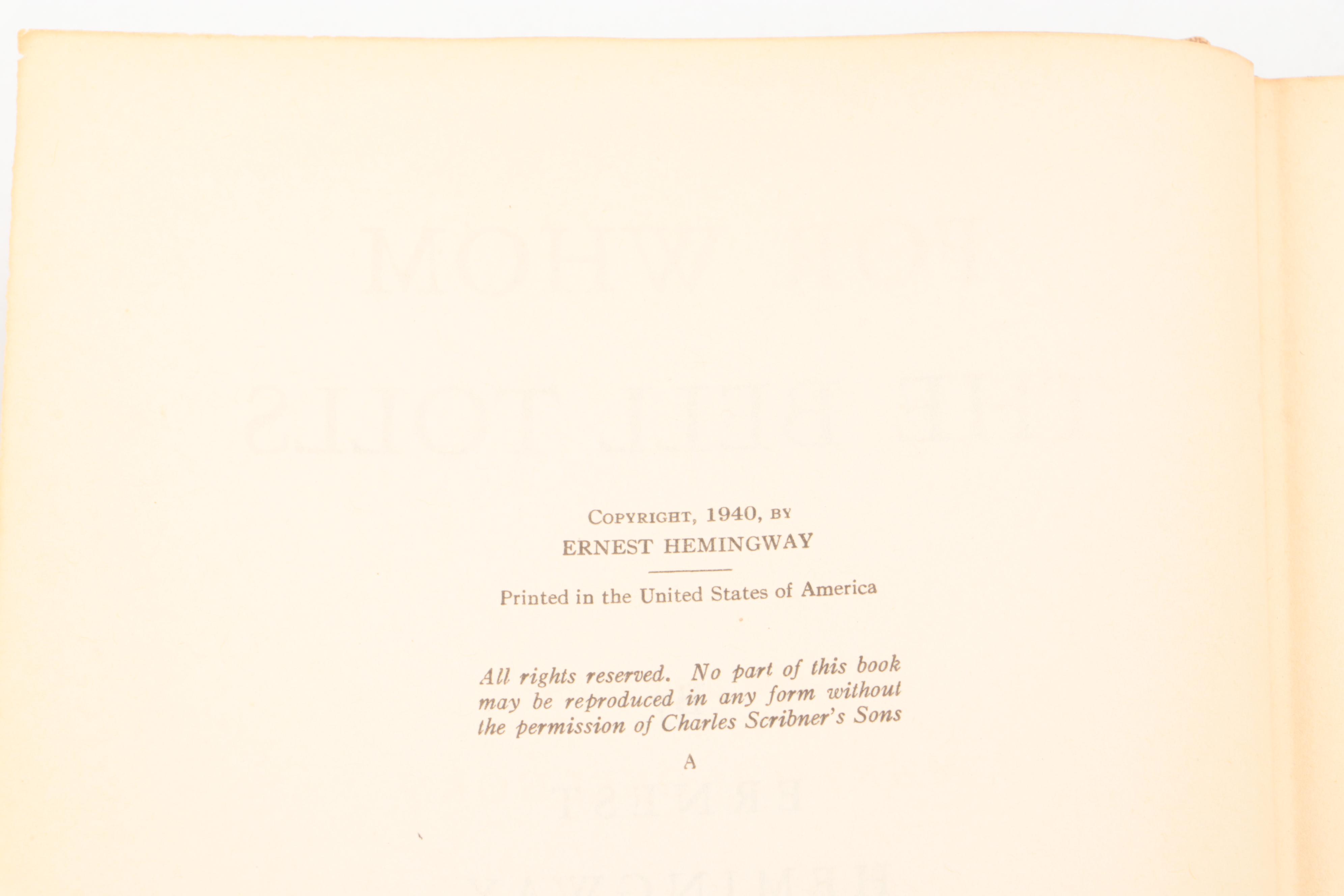 First Printing "For Whom the Bell Tolls" by Ernest Hemingway, 1940