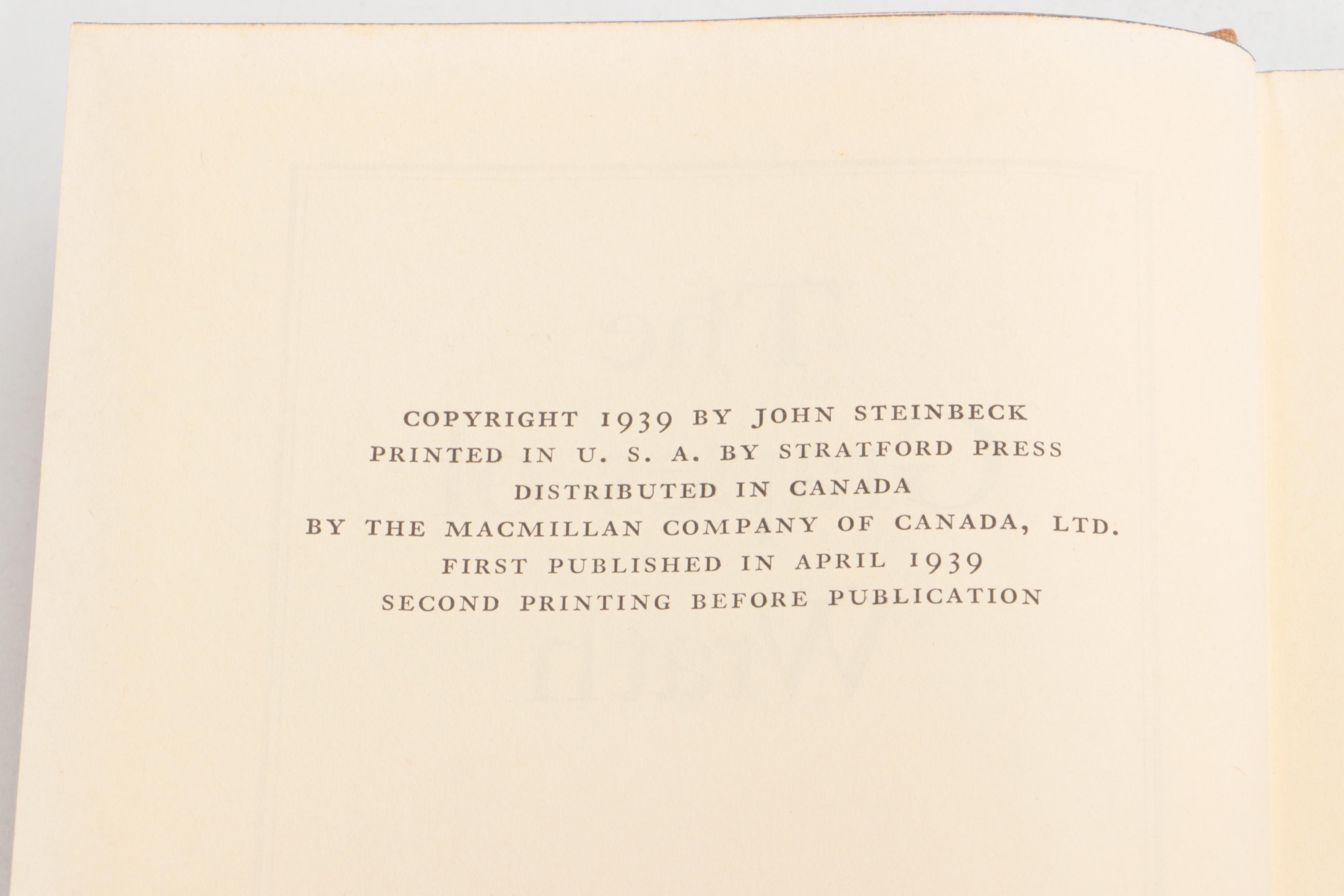 First Edition, Second Printing "The Grapes of Wrath" by John Steinbeck, 1939