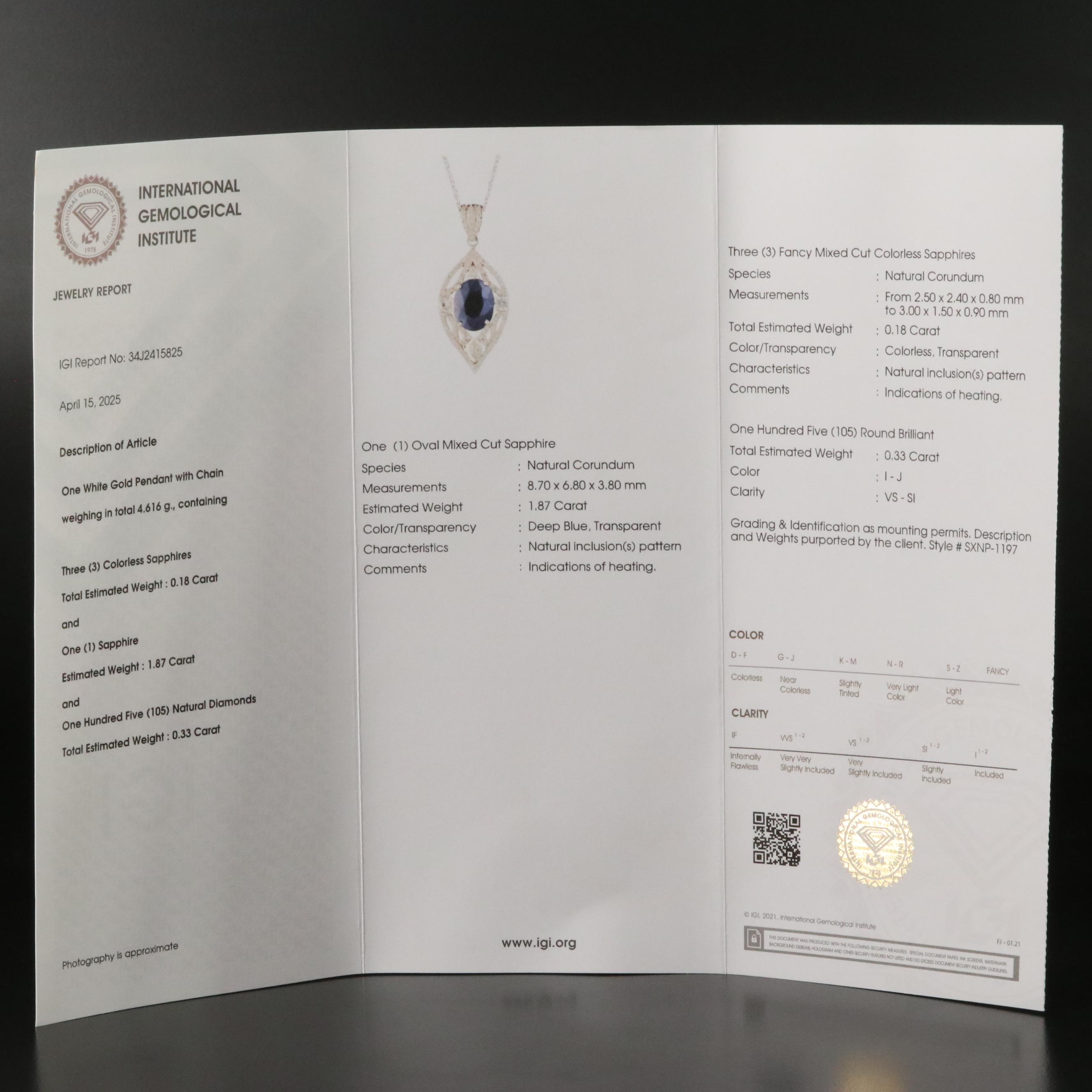 14K 1.87 CT Sapphire and White Sapphire Pendant Necklace with IGI Report