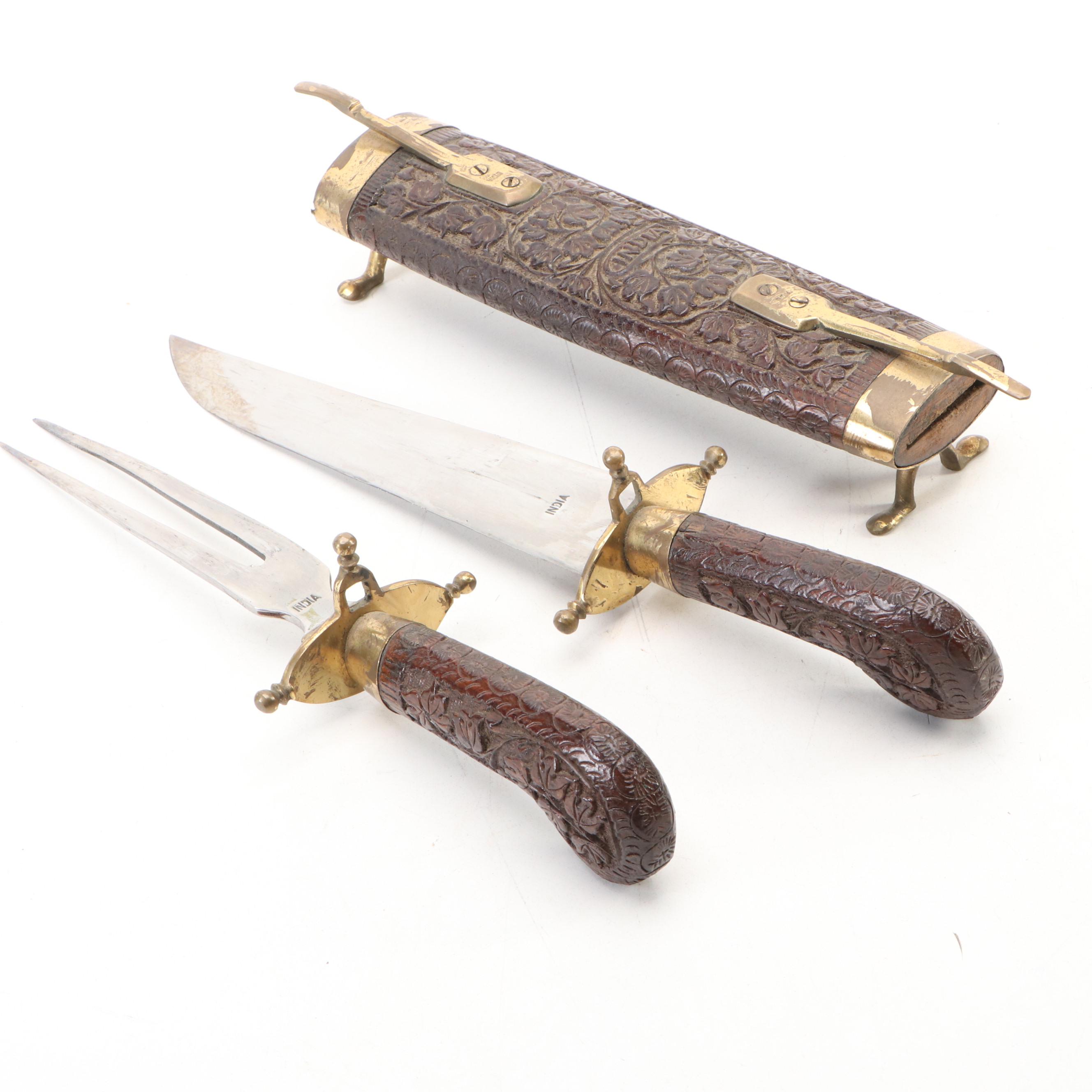 Indian Dual Sided Carved Wood Sheathed Carving Set, Mid to Late 20th Century
