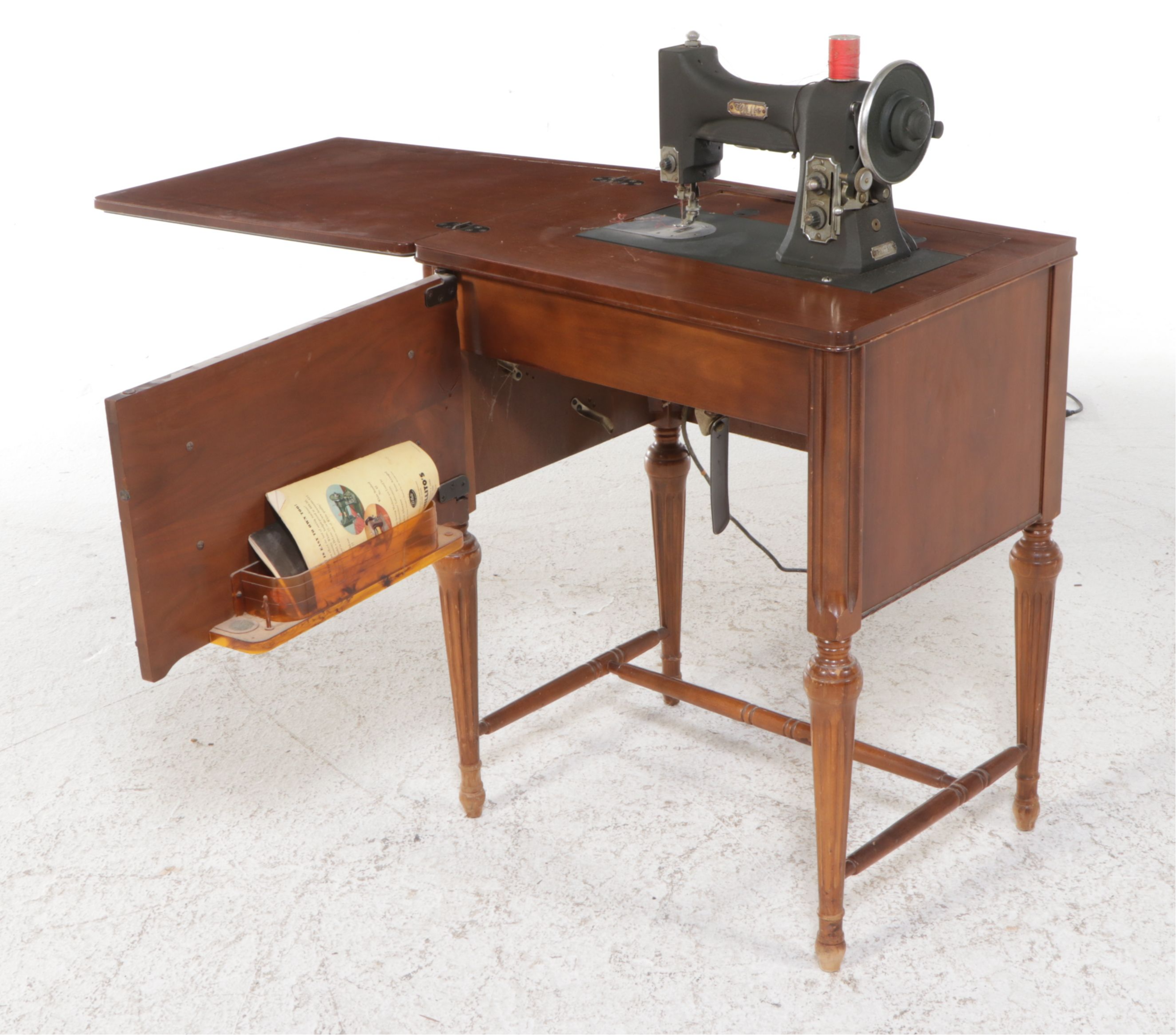 White Sewing Machine and Mahogany Veneer Sewing Machine Table