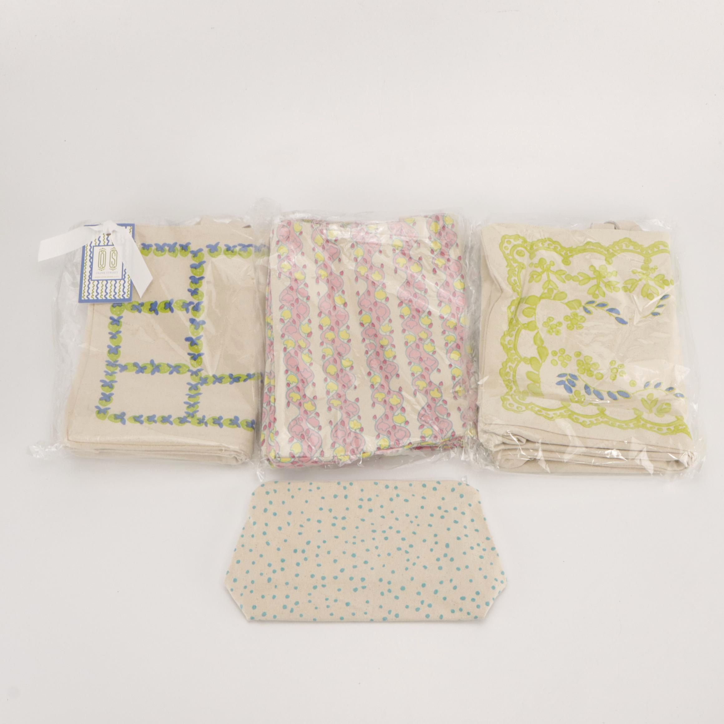 Olive Street Totes and Zip Pouch in Multicolored Printed Cotton Canvas