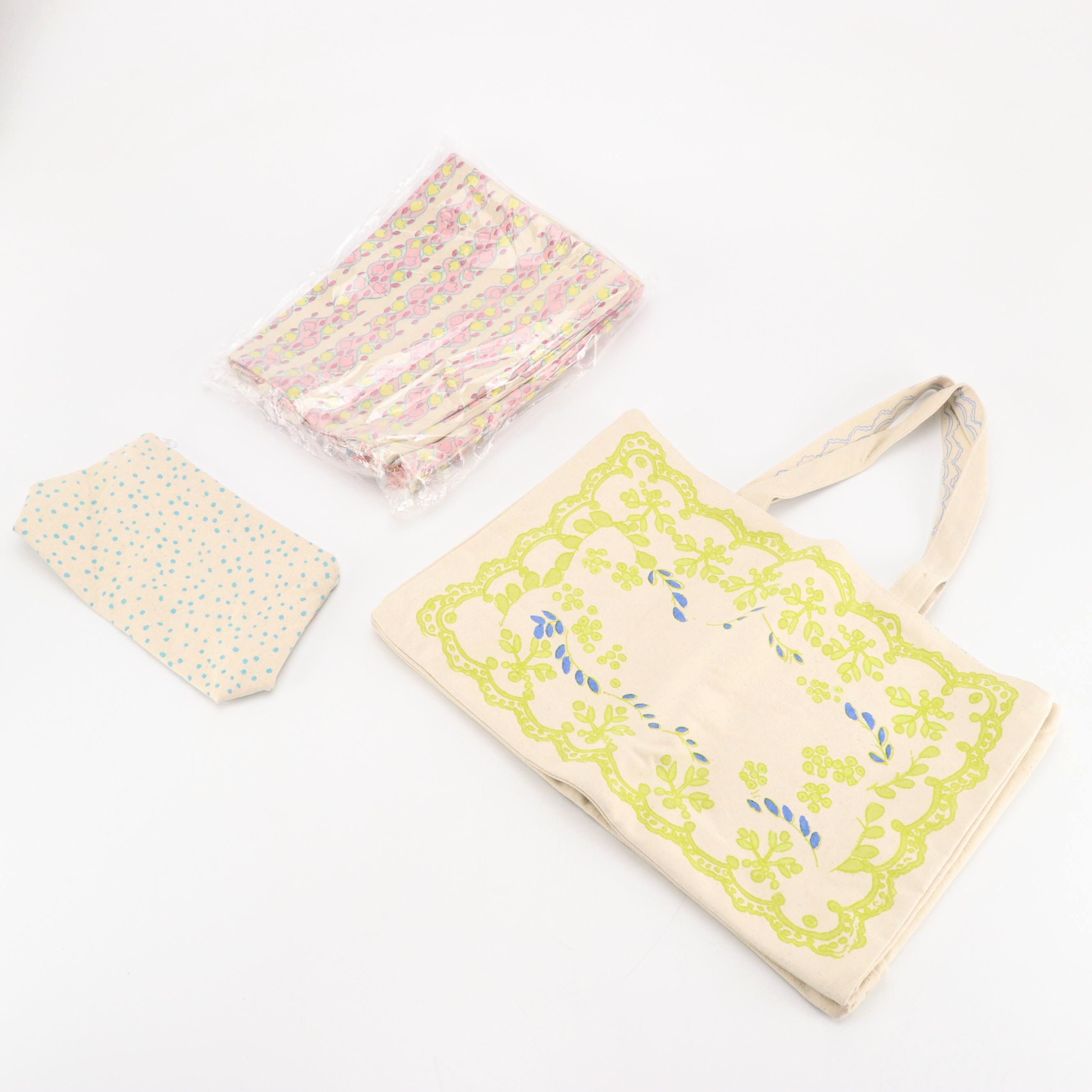 Olive Street Totes and Zip Pouch in Multicolored Printed Cotton Canvas