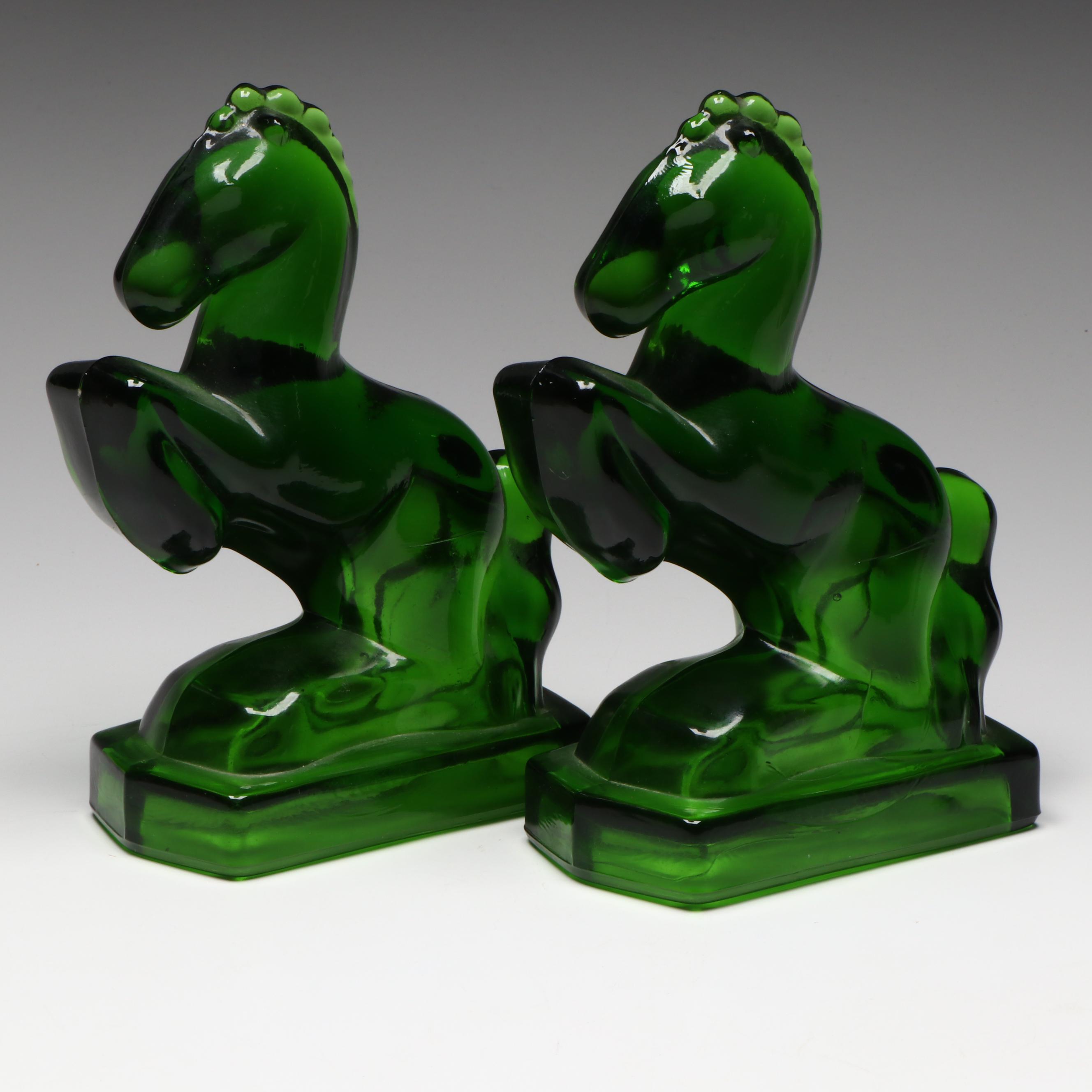 L. E. Smith Emerald Glass Rearing Horse Bookends, Pair