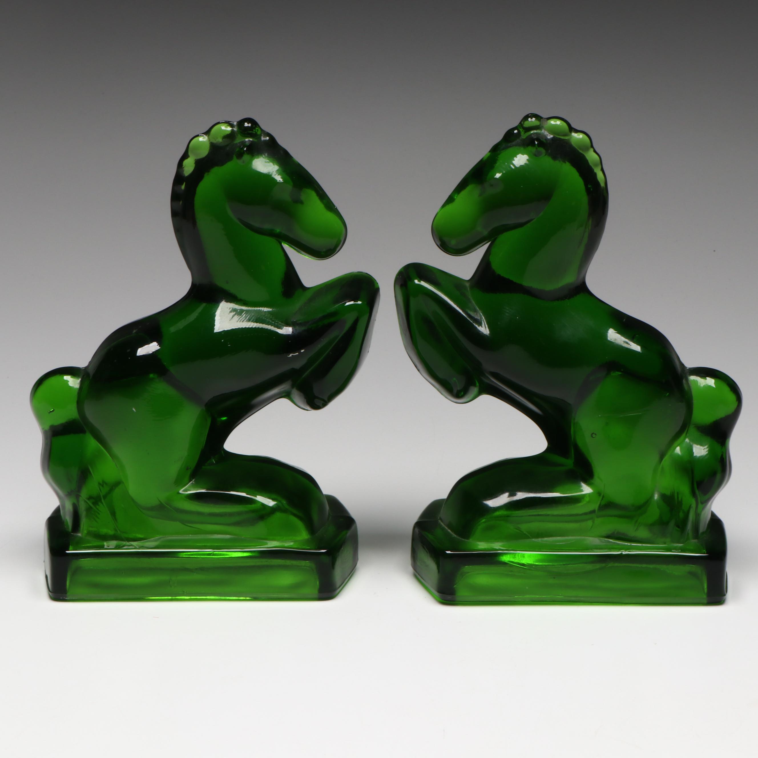 L. E. Smith Emerald Glass Rearing Horse Bookends, Pair
