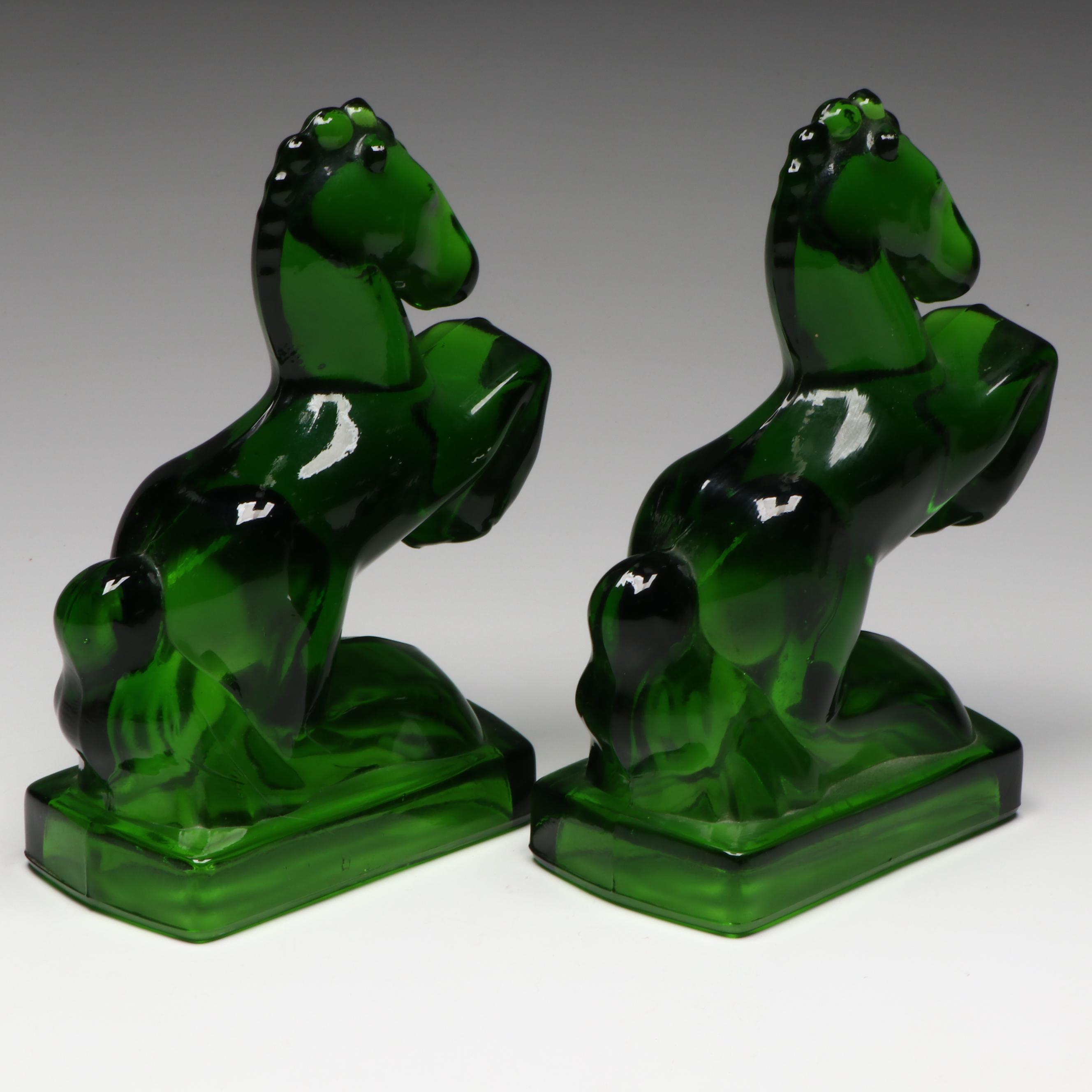 L. E. Smith Emerald Glass Rearing Horse Bookends, Pair