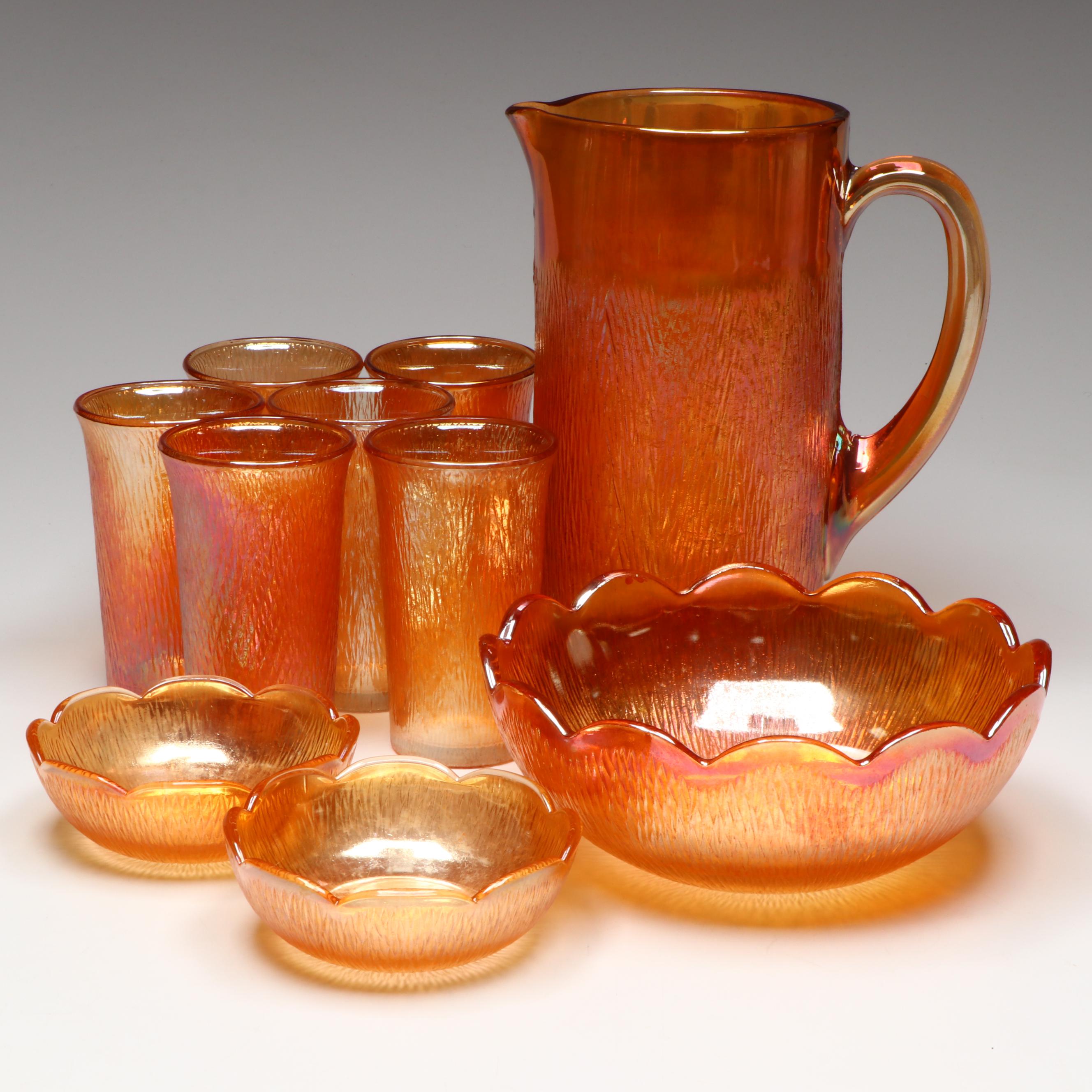 Jeannette "Tree Bark" Marigold Carnival Glass Tableware, Early to Mid-20th C.