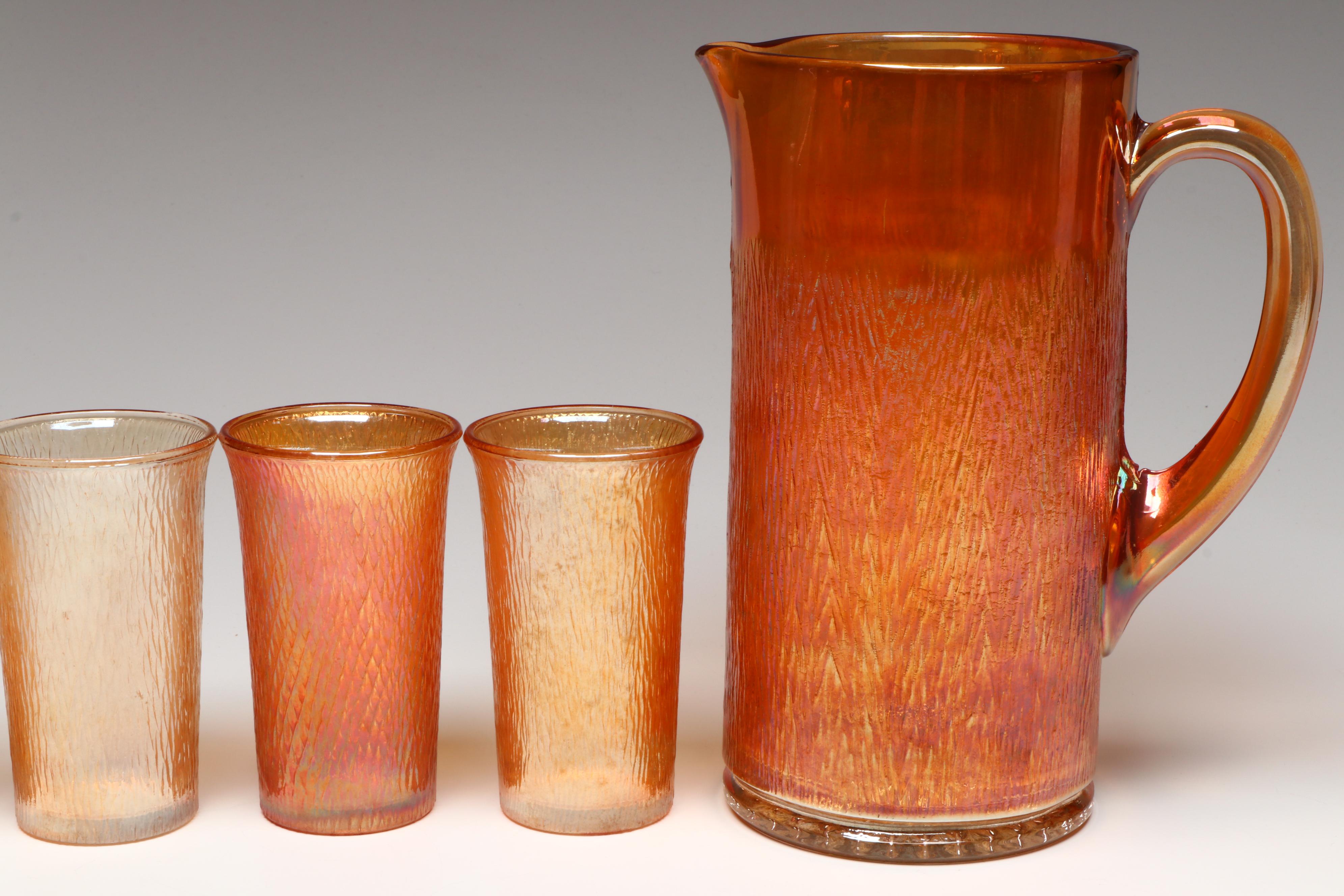 Jeannette "Tree Bark" Marigold Carnival Glass Tableware, Early to Mid-20th C.