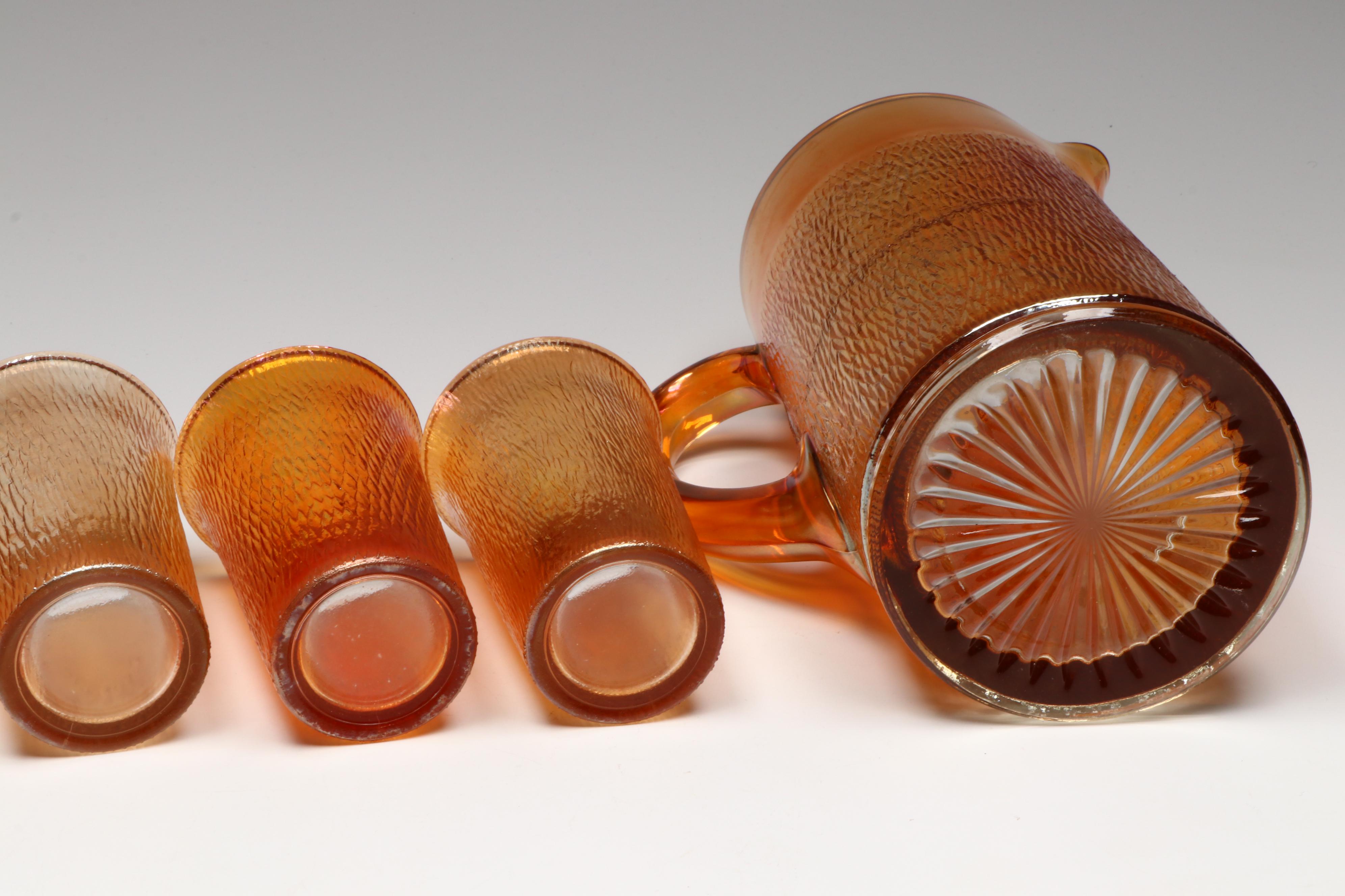 Jeannette "Tree Bark" Marigold Carnival Glass Tableware, Early to Mid-20th C.