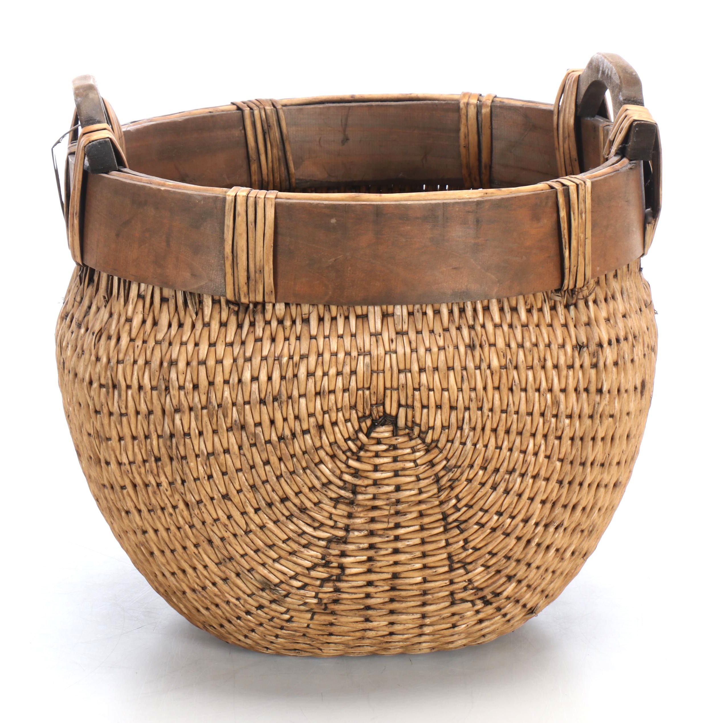 Chinese Woven Willow and Wood Basket