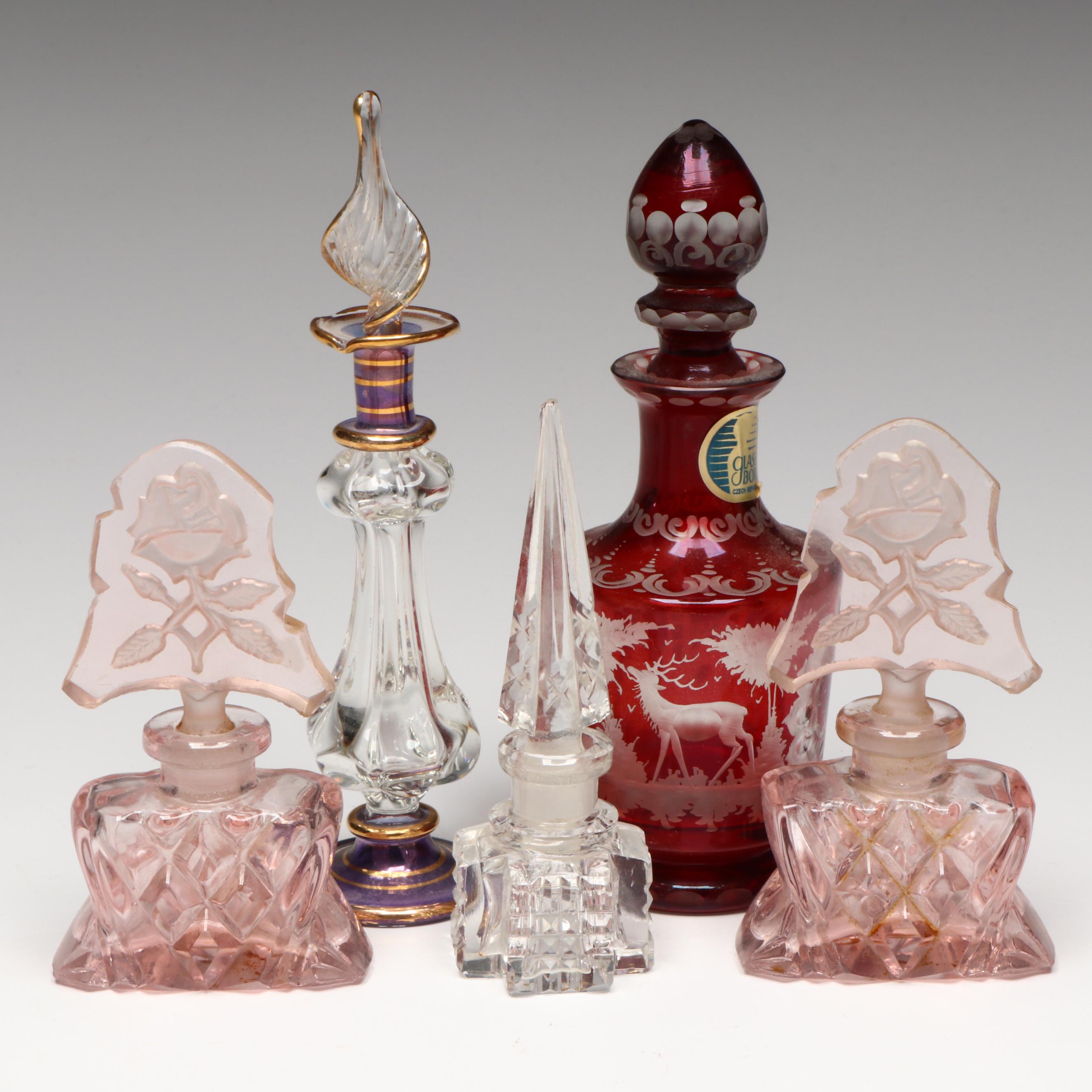 Glass Bor Bohemian Ruby Cut to Clear and Other Glass Perfume Bottles