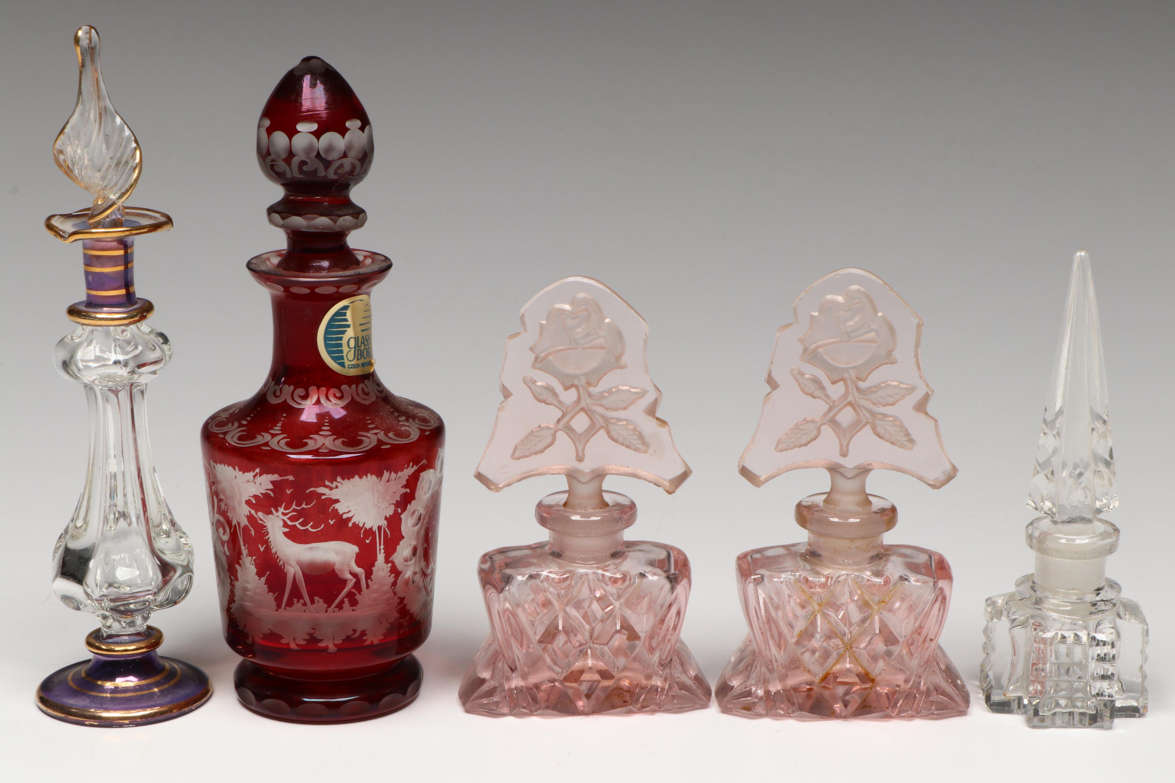 Glass Bor Bohemian Ruby Cut to Clear and Other Glass Perfume Bottles