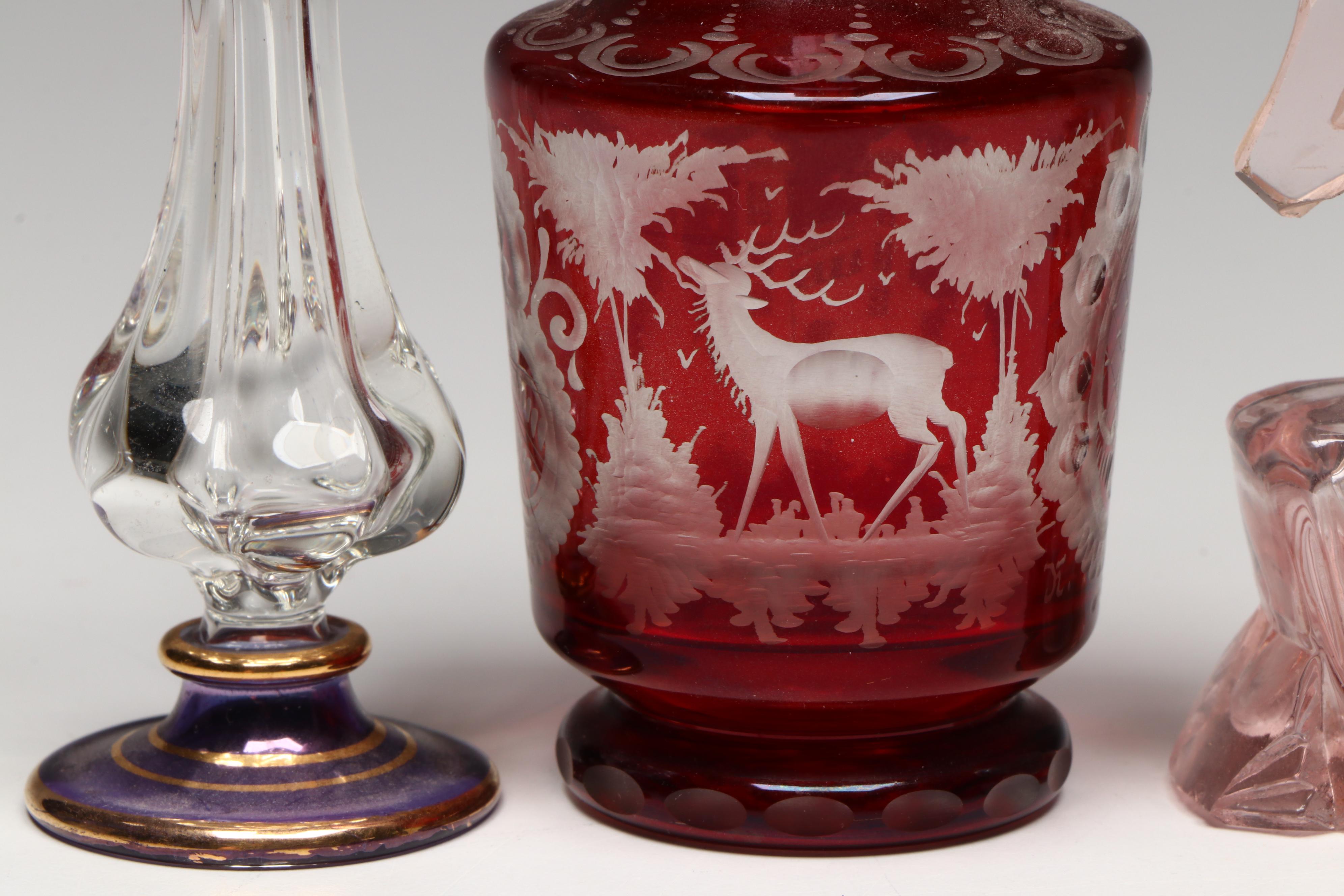 Glass Bor Bohemian Ruby Cut to Clear and Other Glass Perfume Bottles