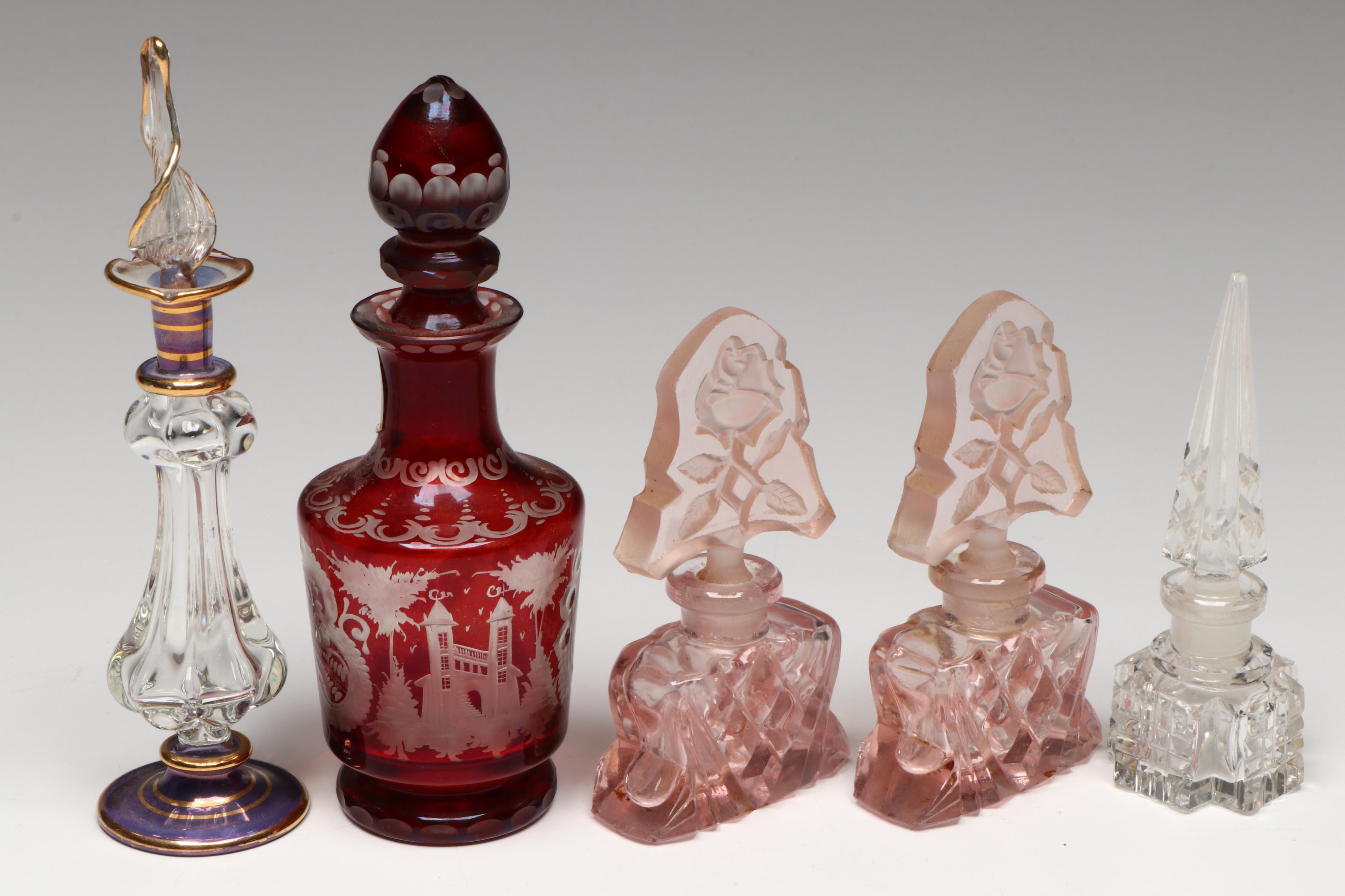 Glass Bor Bohemian Ruby Cut to Clear and Other Glass Perfume Bottles