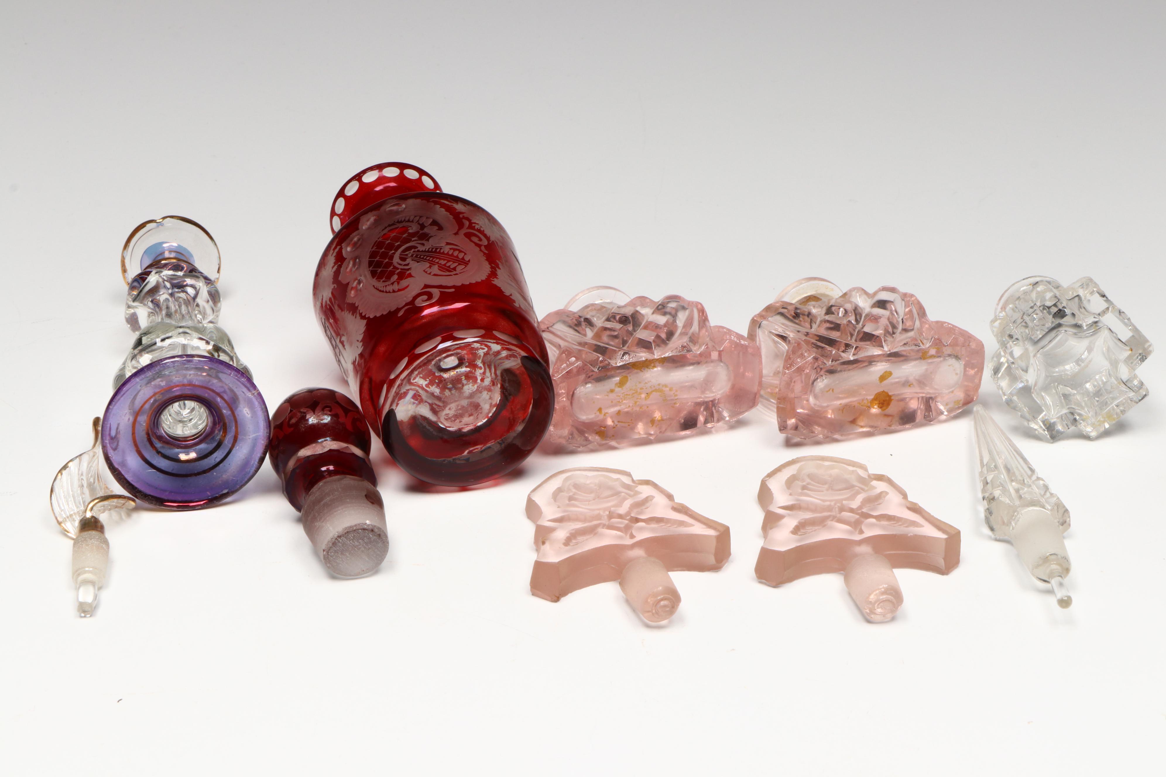 Glass Bor Bohemian Ruby Cut to Clear and Other Glass Perfume Bottles