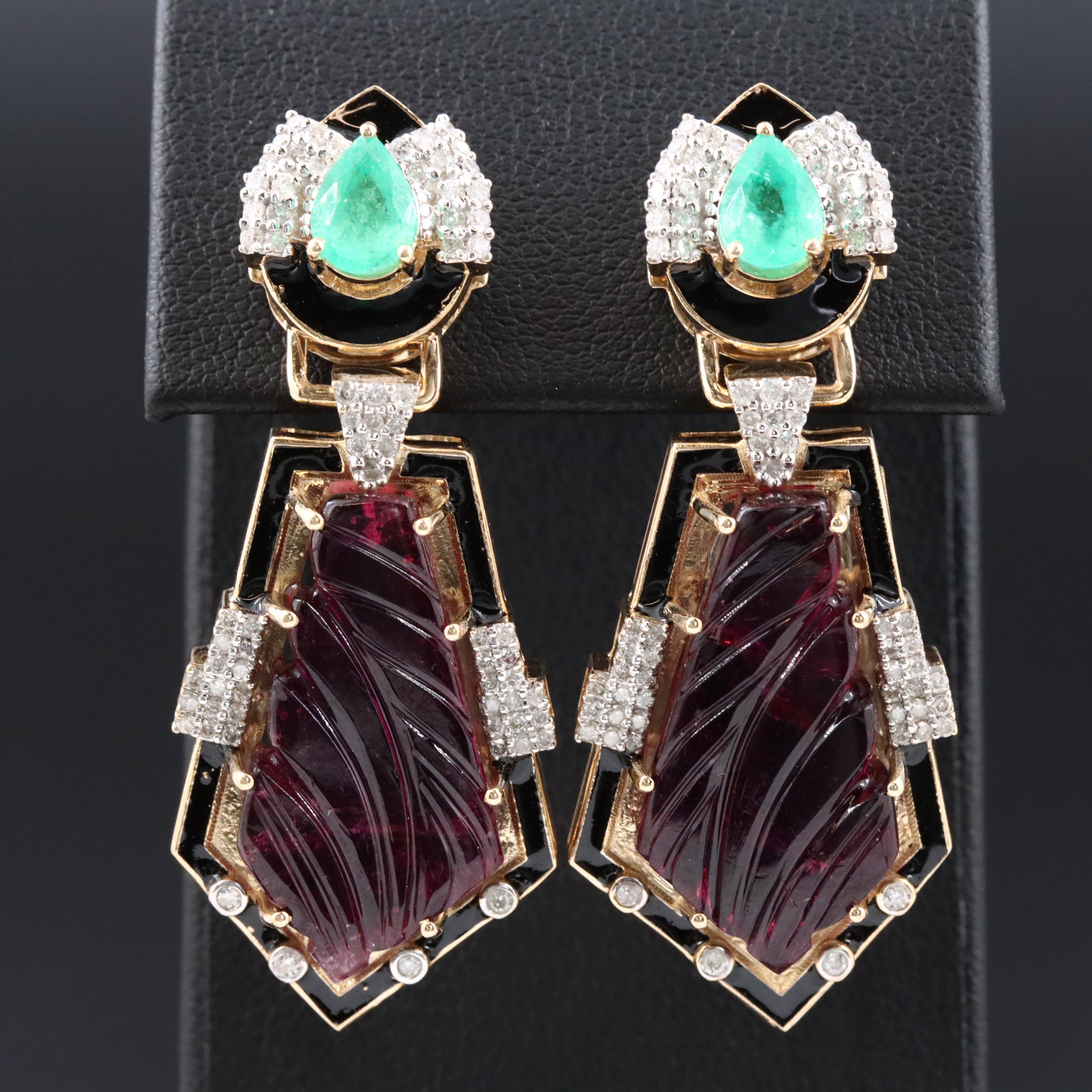 14K Rubellite Tourmaline, Emerald and Diamond Earrings with IGI Report